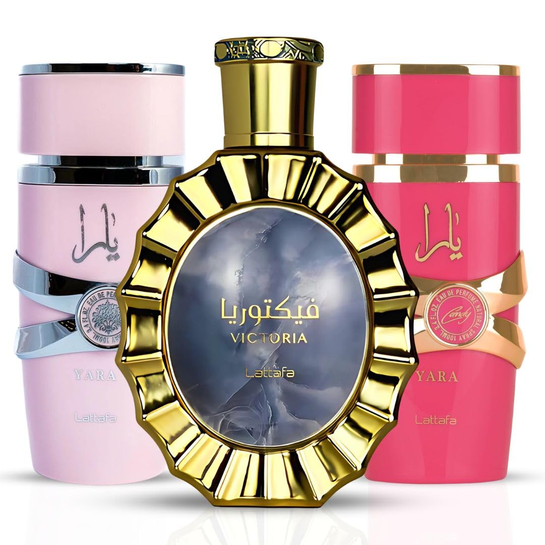 LATTAFA Yara, Yara Candy & Victoria Eau De Parfum Set - 3.4oz/100ml Each - Tropical Fruits, Creamy Gourmand & Floral Fragrance Bundle | Perfect for Daily Wear, Date Nights & Special Occasions