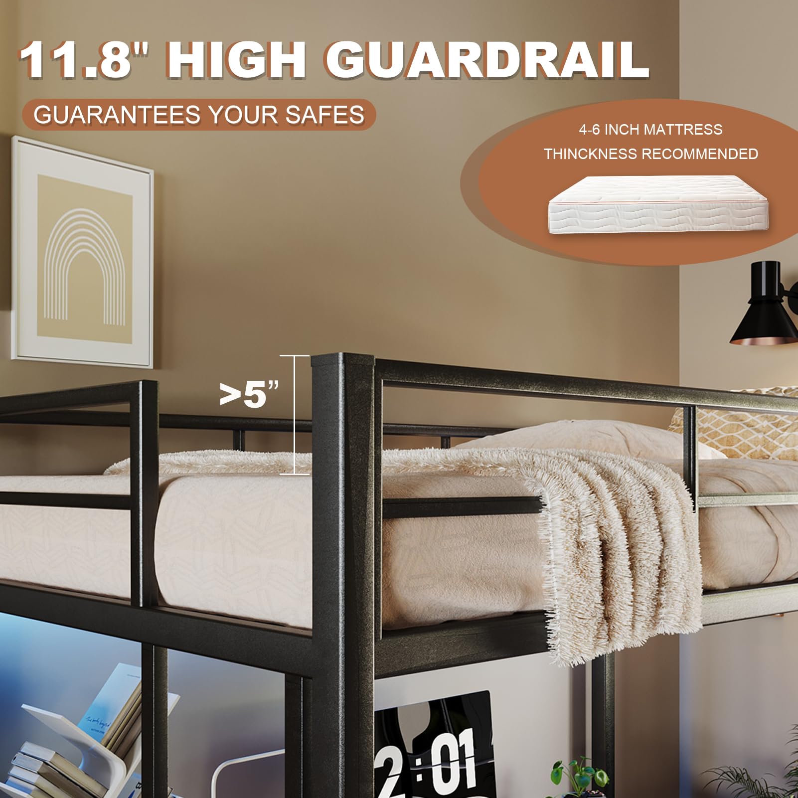 Twin Size Loft Bed with Desk & Storage - Heavy Duty Metal Bunk Bed Frame with Charging Station & LED Lights for Kids, Teens and Adults - Perfect for Small Spaces, Dorm Rooms & Bedrooms