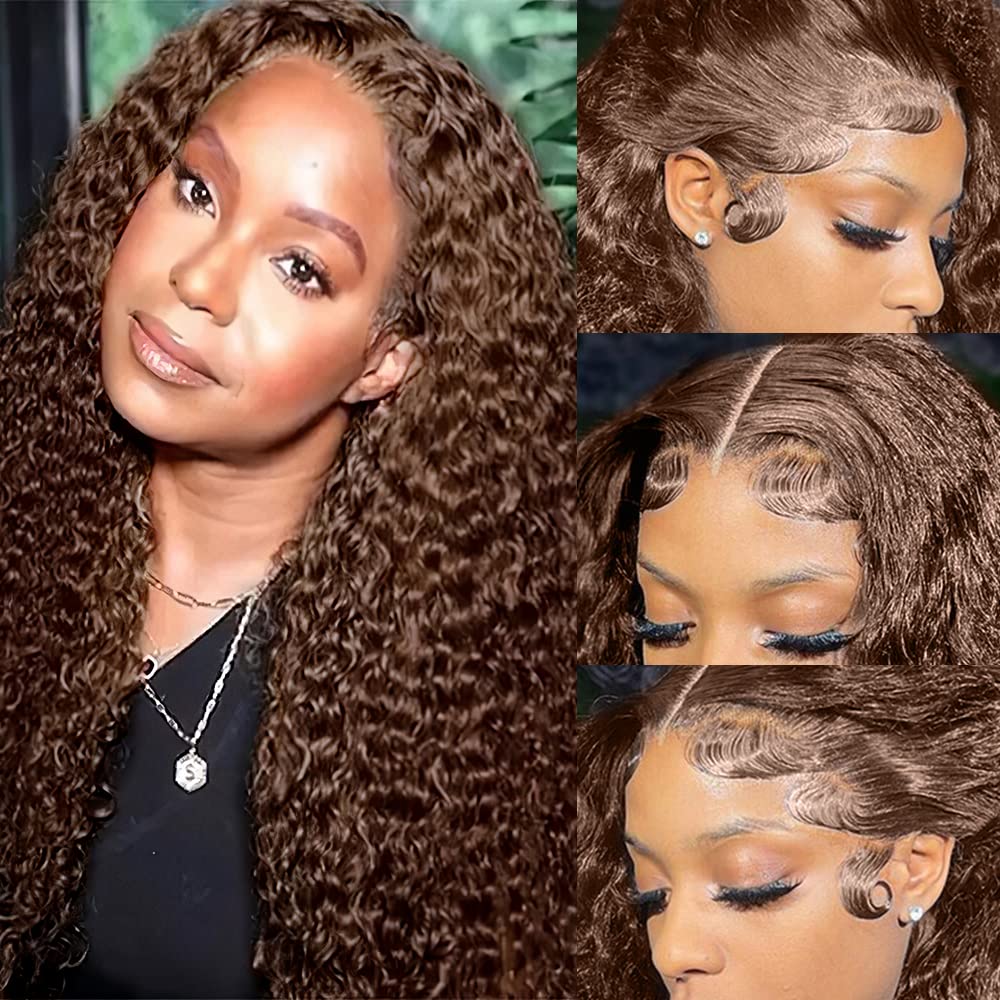 13x6 HD Transparent Lace Front Human Hair Wig - 200% Density Mongolian Curly Deep Auburn Brown with Baby Hair | Natural Chocolate Curly Lace Wig for Women | Perfect for Cosplay, Daily Wear & Special Occasions