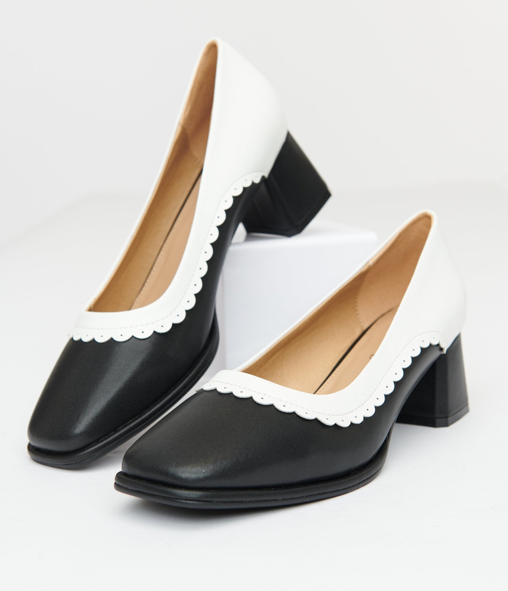 Vintage 1950s Black & White Square Toe Pumps - Retro Women's Dress Shoes for Parties, Weddings & Special Occasions