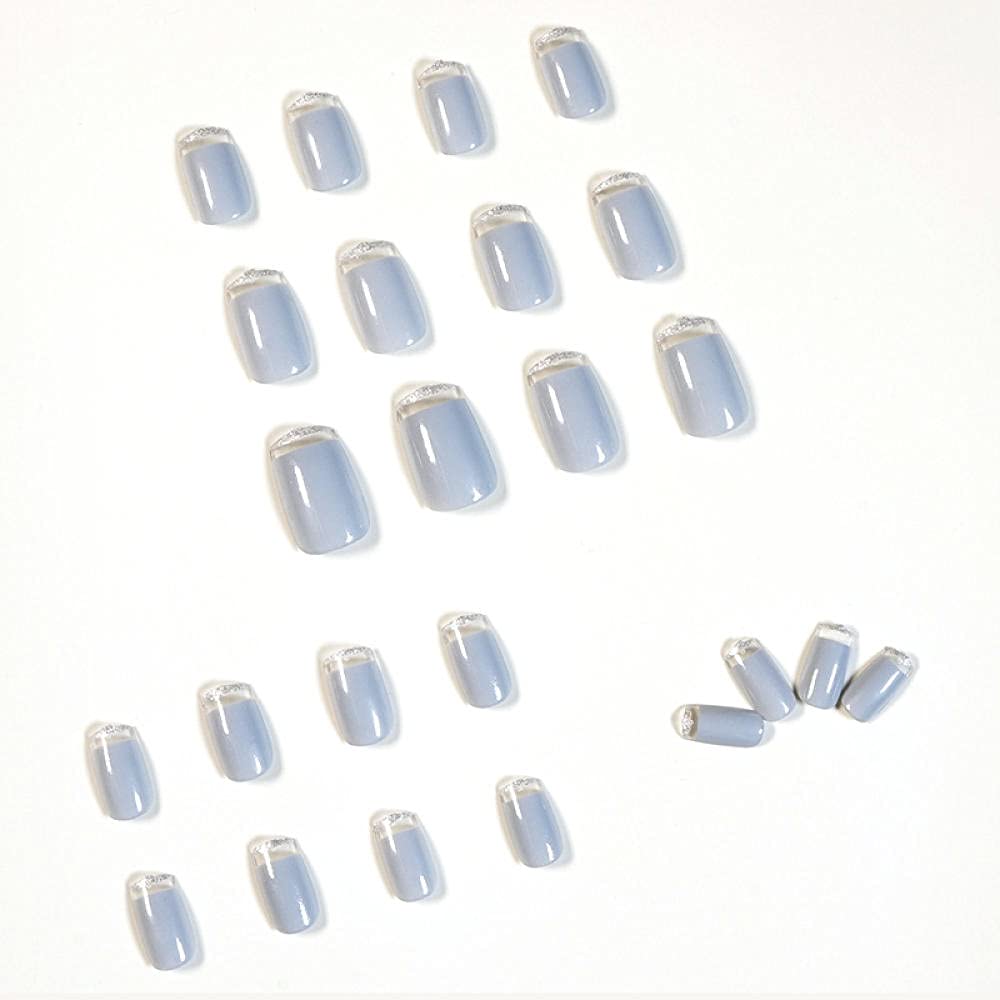 24pcs French Style Gray False Nails with Sequins Design - Solid Color Fake Nails for Women | Perfect for Parties, Weddings, and Special Occasions