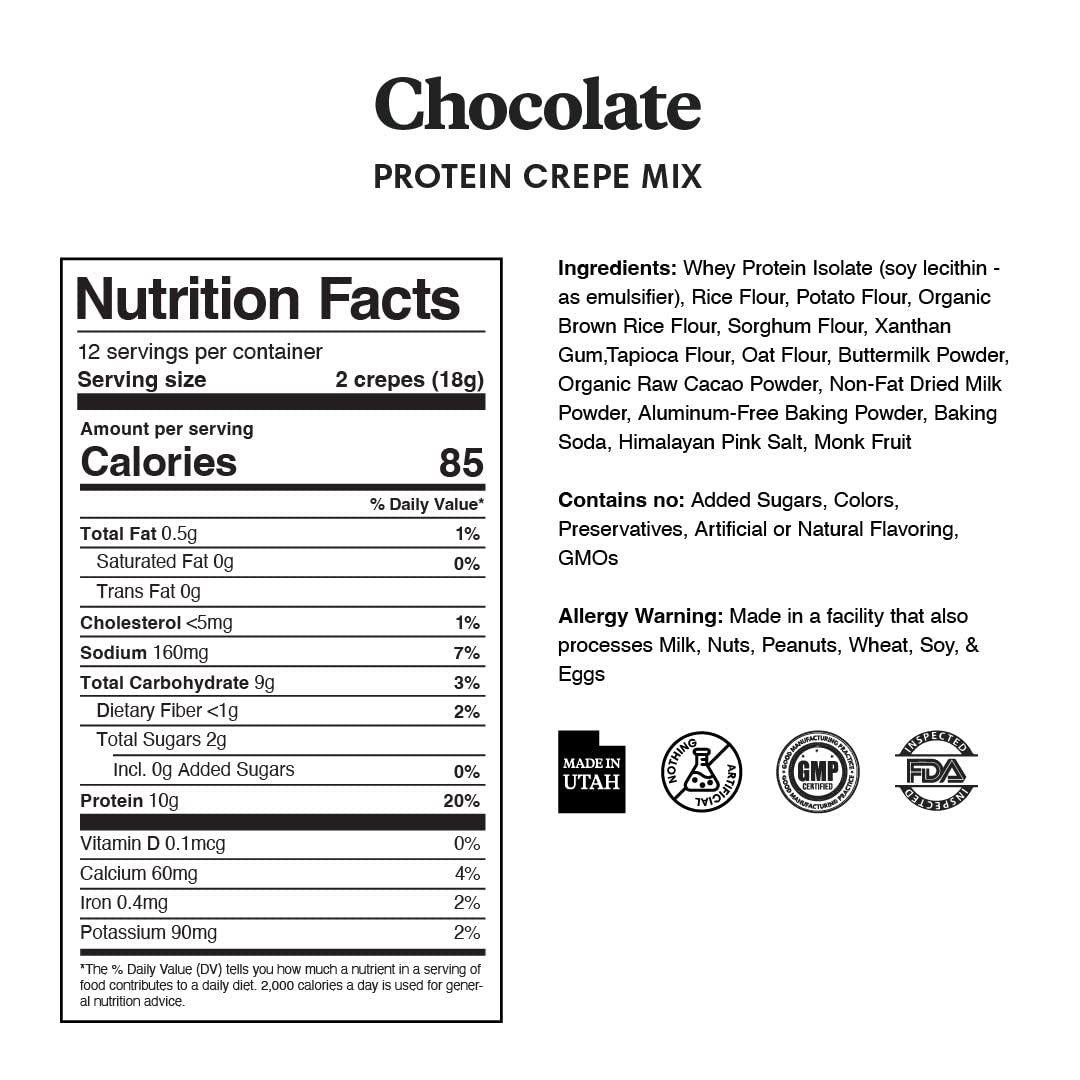 High Protein Gluten Free French Crepe Mix - Keto Friendly, Low Carb, 8g Protein per Serving, No Added Sugar - Perfect for Breakfast, Dessert & Keto Diet (Chocolate Flavor, Makes 24 Crepes)