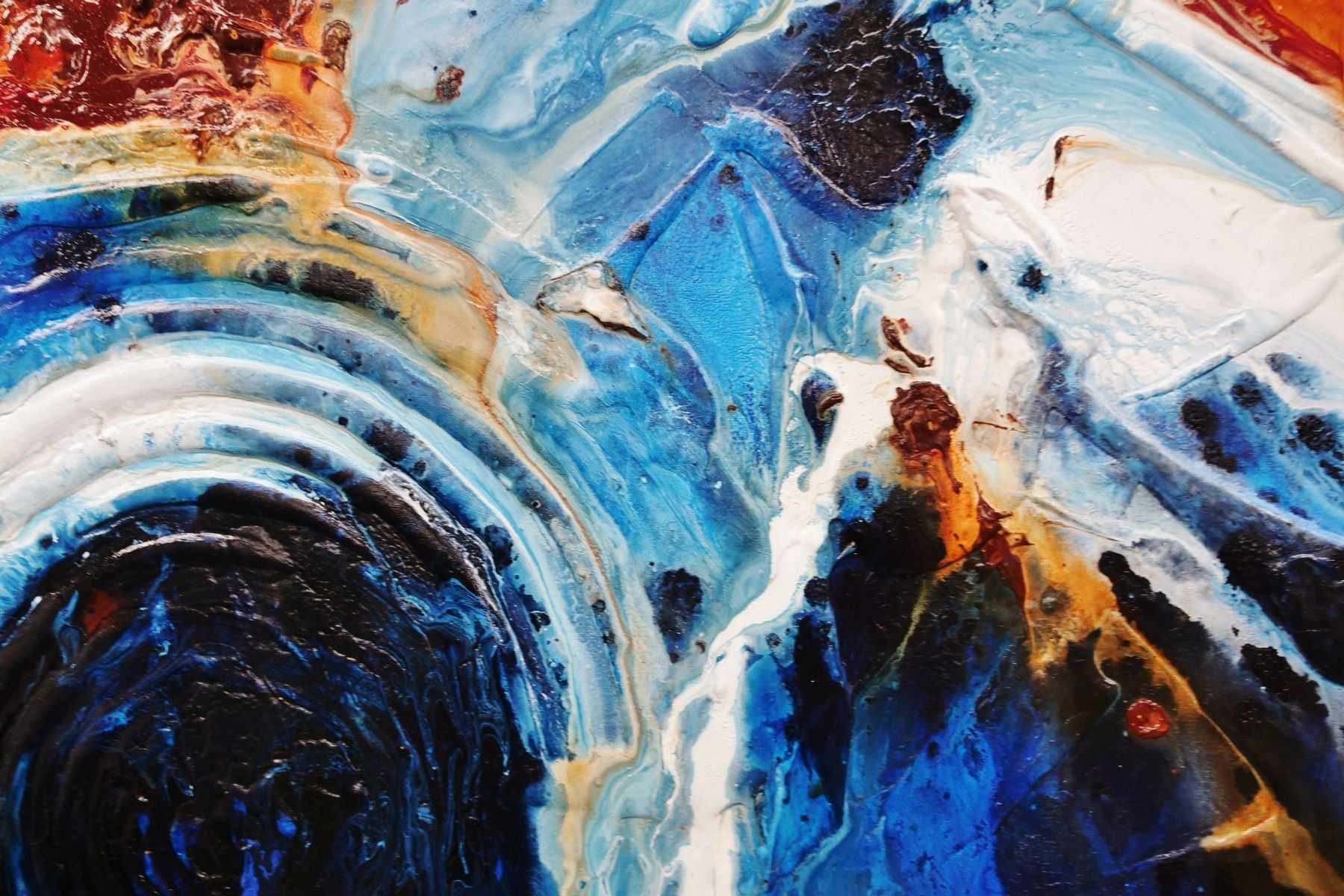 Blue and Orange Textured Abstract Painting - 47x39 Inch Leather & Sapphire Inspired Wall Art for Living Room, Bedroom, or Office Decor