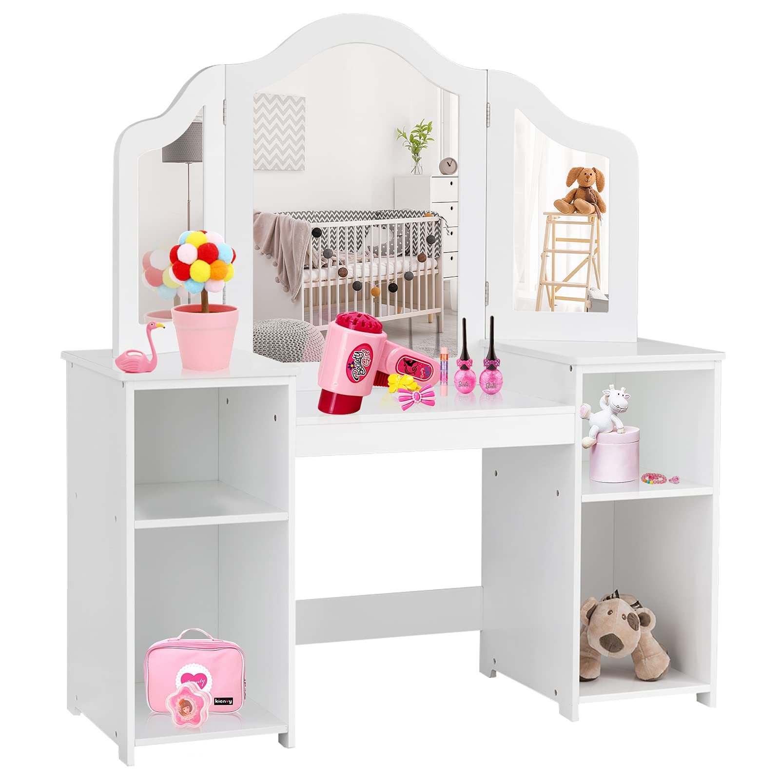MAT EXPERT Kids Vanity Table Set with Tri-Folding Mirror - Wooden Princess Dresser with 4 Storage Shelves & Detachable Plastic Mirror - Pretend Play Makeup Dressing Table for Girls (White) - Perfect for Bedroom Decor & Imaginative Playtime