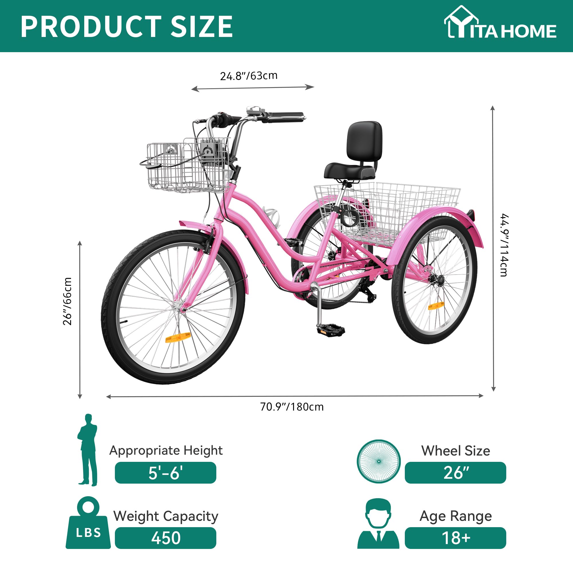 YITAHOME 24 & 26 Inch Adult Tricycle - 1 & 7 Speed 3 Wheel Bike with Large Cushioned Seat & Backrest - Front & Rear Baskets - Stable Cruiser Trike for Seniors, Women & Men - Perfect for Commuting, Picnics, Grocery Shopping & Outdoor Recreation