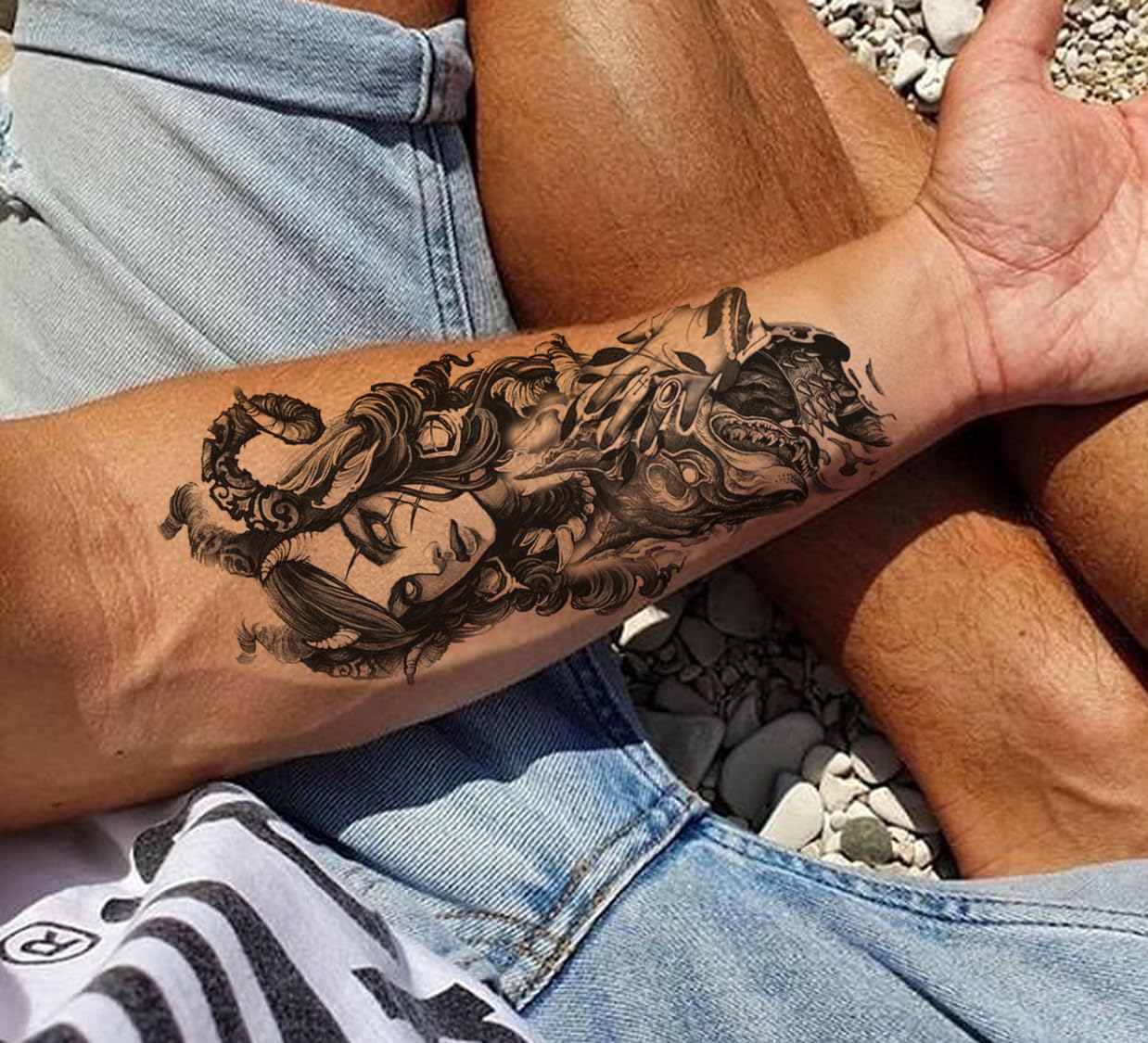 Waterproof Temporary Tattoo Stickers for Men & Women - 3D Realistic Flower, Butterfly, Star, Angel, Wolf Designs - Armband & Word Tattoos (21x12cm) - Perfect for Parties, Halloween, Cosplay & Body Art