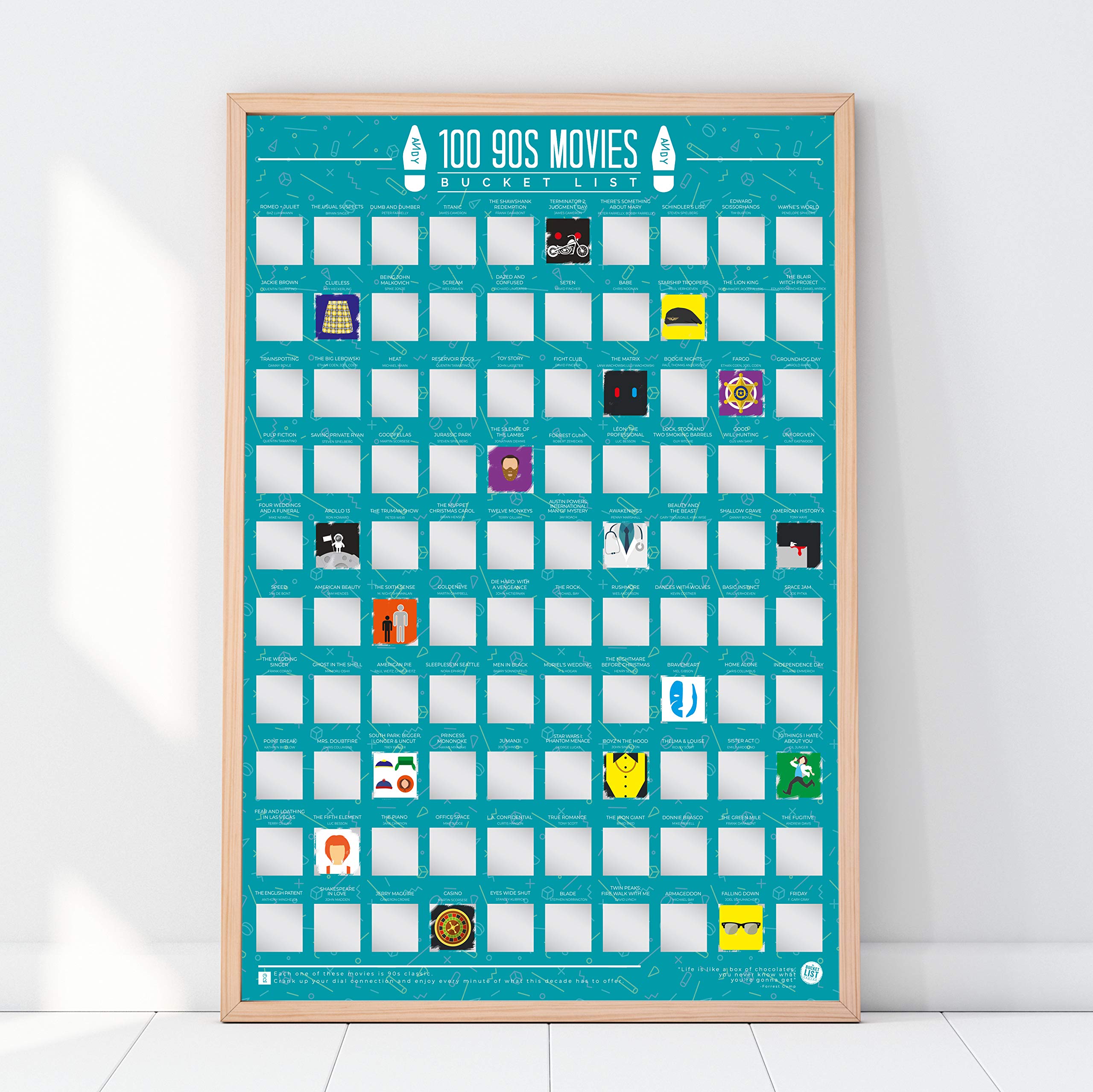 90s Movies Bucket List Scratch Poster - 100 Must-Watch Classic Films for Movie Lovers | Perfect for Home Theater Decor, Movie Night Gifts & Nostalgic Wall Art
