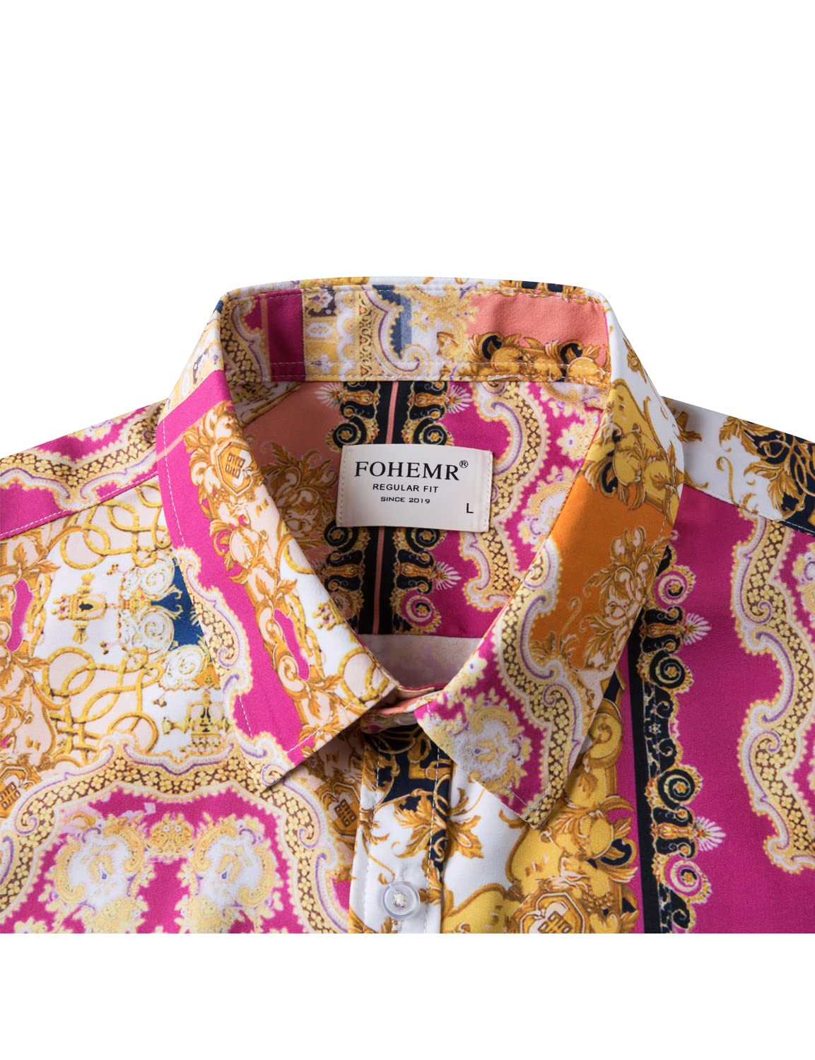 Luxury Men's Black & Gold Baroque Print Short Sleeve Dress Shirt - Chain Design Button Down Casual Shirt for Parties, Weddings & Night Out