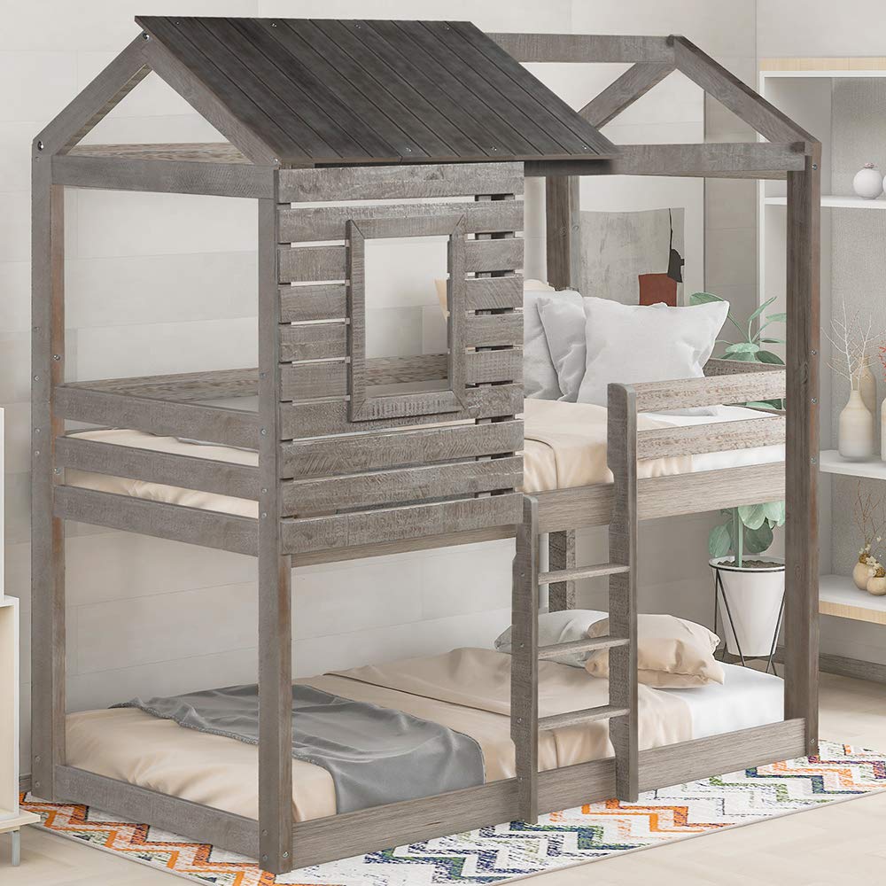 Twin Over Twin Bunk Bed with Roof, Window & Ladder - Solid Wood Loft Bed Frame with Safety Guardrail - Antique Gray Kids Bedroom Furniture for Small Spaces & Shared Rooms