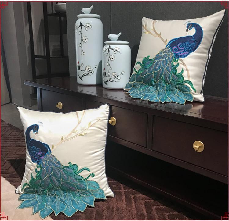 Embroidered Peacock Cotton & Linen Decorative Throw Pillows - Elegant Sofa & Couch Pillow Covers for Living Room, Bedroom Decor