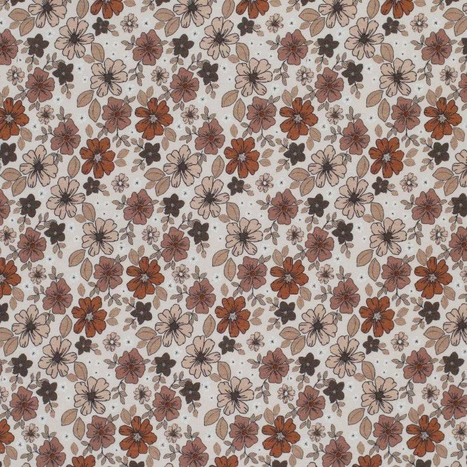 Premium Cotton Poplin Fabric - Soft Brown Autumn Floral Print for Dresses, Shirts & Home Decor | Perfect for Fall Fashion & DIY Sewing Projects