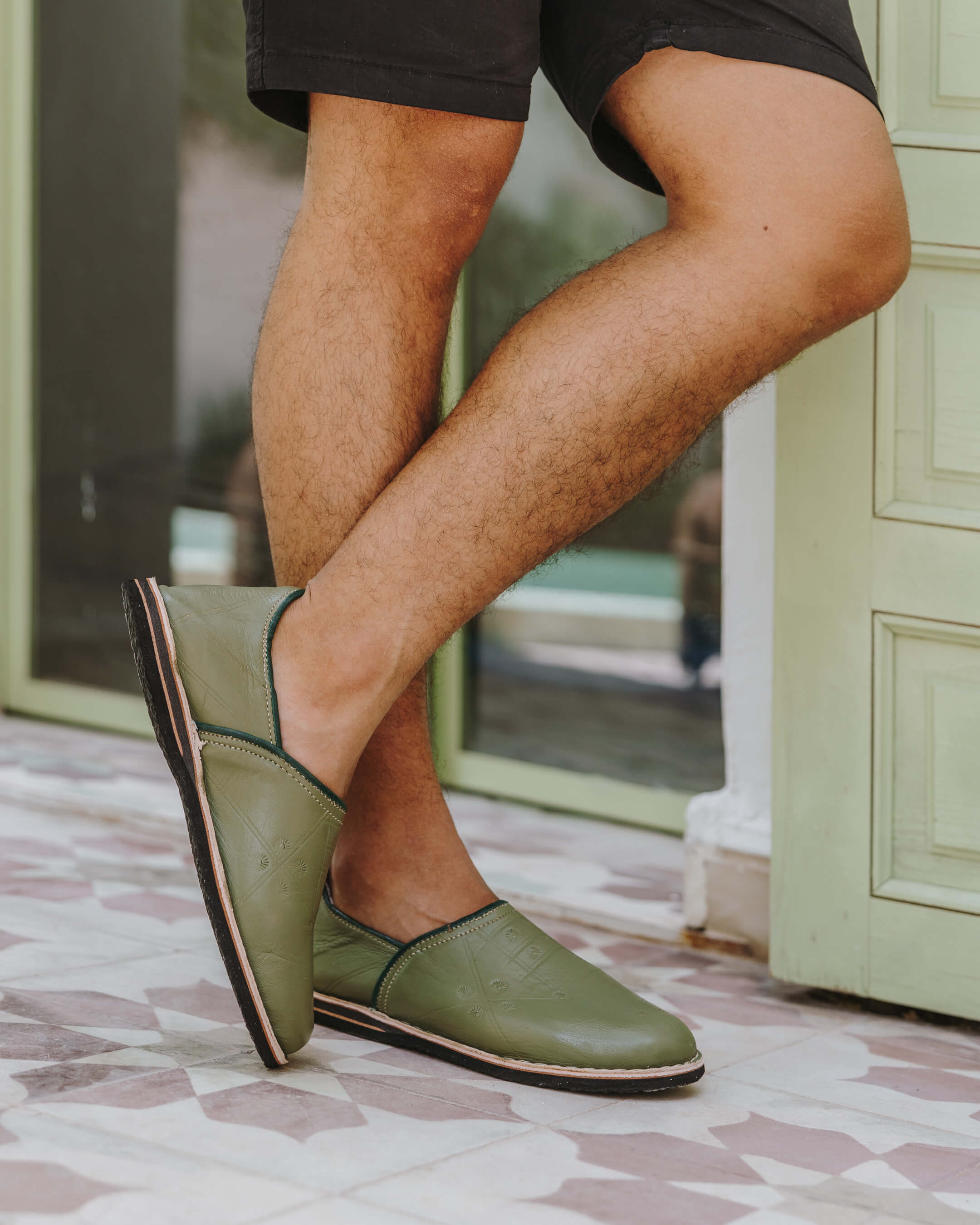 Authentic Moroccan Berber Babouche Slippers - Handmade Leather Olive Green House Shoes | Comfortable & Stylish for Home, Lounge & Cultural Fashion