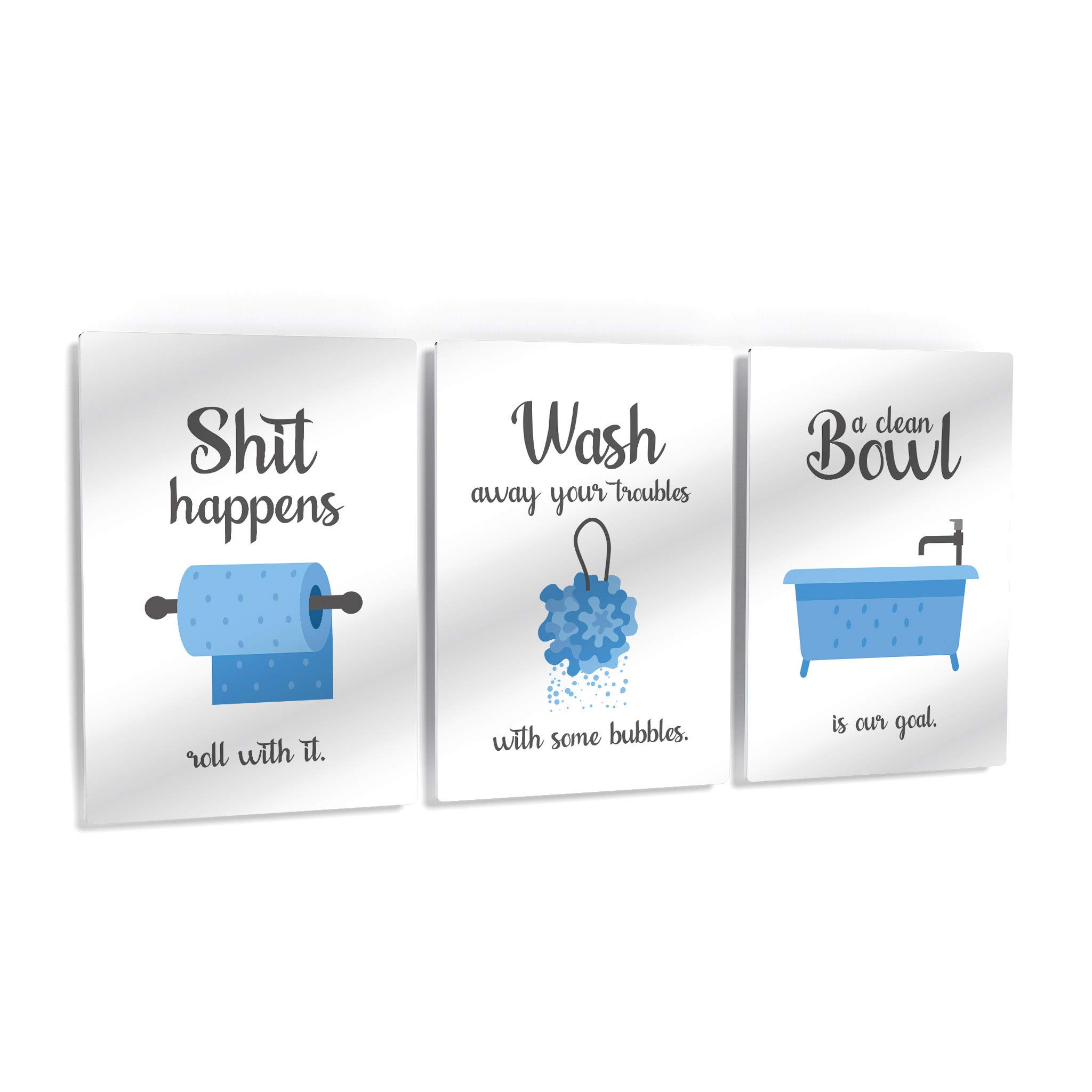 Smile Art Design 'Shit Happens' Funny Bathroom Wall Art Set - 3 Piece Metal Print (17x11 inches) with 'Wash Away Your Troubles' Quote - Ready to Hang Bathroom Decor for Home, Office or Gift - Humorous Toilet Sign for Stress Relief & Relaxation