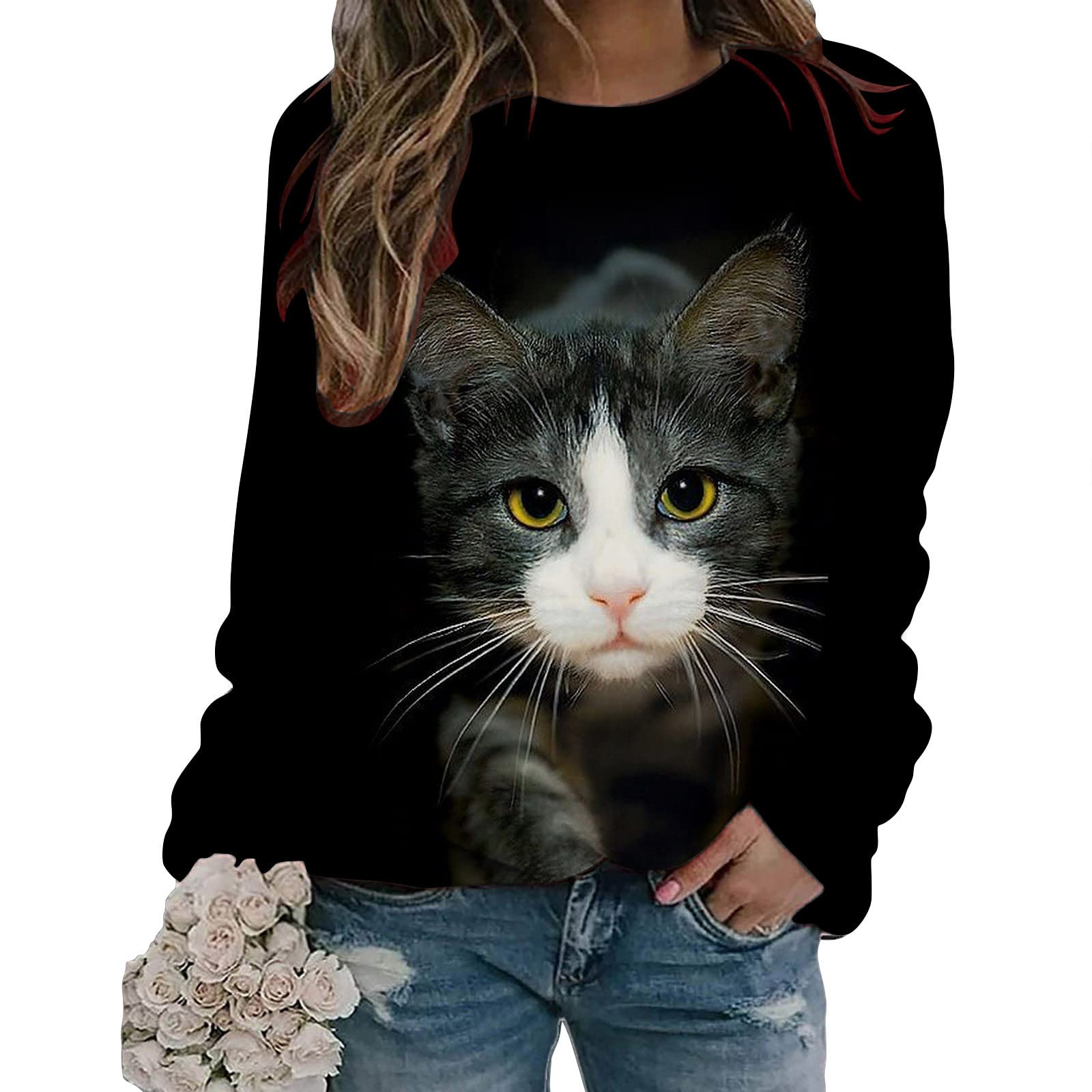 Cute Kitten Print Women's Long Sleeve T-Shirt - Spring Fashion Loose Blouse & Casual Crewneck Sweatshirt Top (Black) | Perfect for Daily Wear, Weekend Outings & Cat Lover Gifts