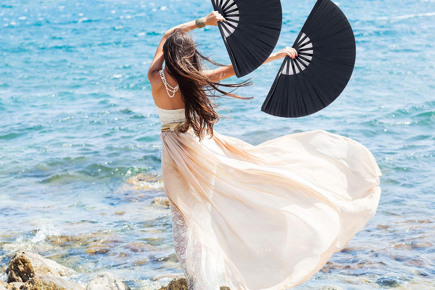 Premium Large Folding Hand Fans for Women & Men - Chinese Japanese Style Rave Fans for Music Festivals, EDM Events, Performances & Parties - Perfect Gift & Home Decoration (Black) - Stay Cool at Outdoor Concerts, Weddings & Summer Events