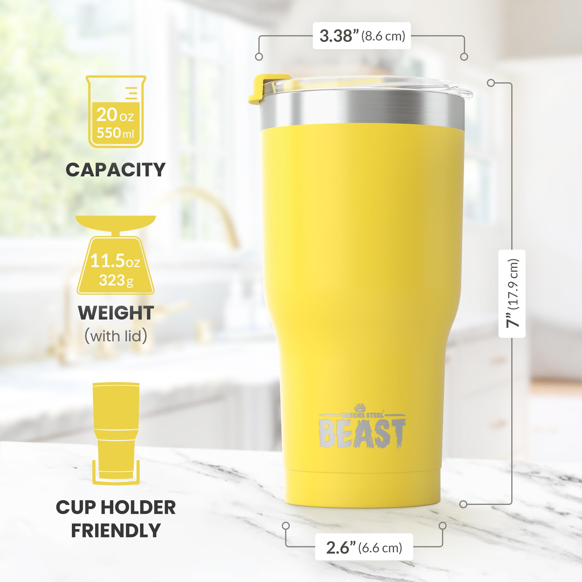 Beast 20 oz Stainless Steel Tumbler - Vacuum Insulated Double Wall Travel Mug for Coffee & Iced Drinks (Lemon) - Perfect for Office, Gym, Camping & Outdoor Activities