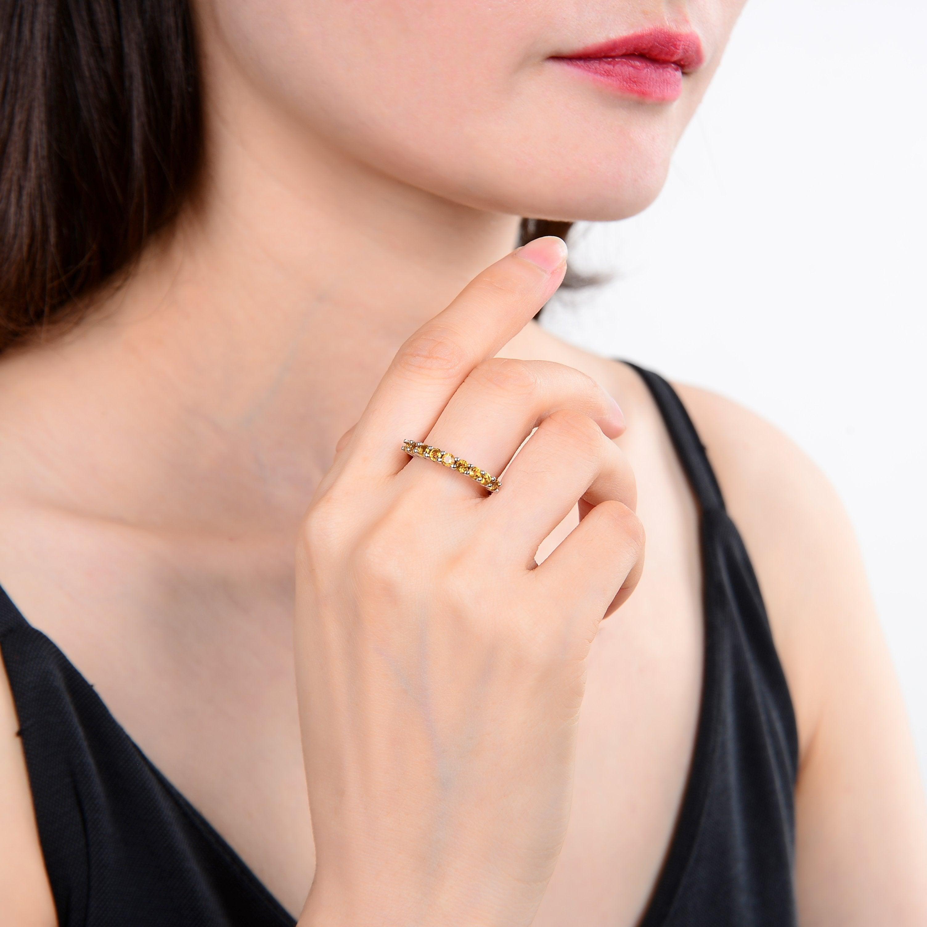 Natural Citrine Half Eternity Ring for Women - 14K Gold Plated Stackable Band - Perfect for Anniversary, Wedding, Birthday Gifts & Everyday Elegance
