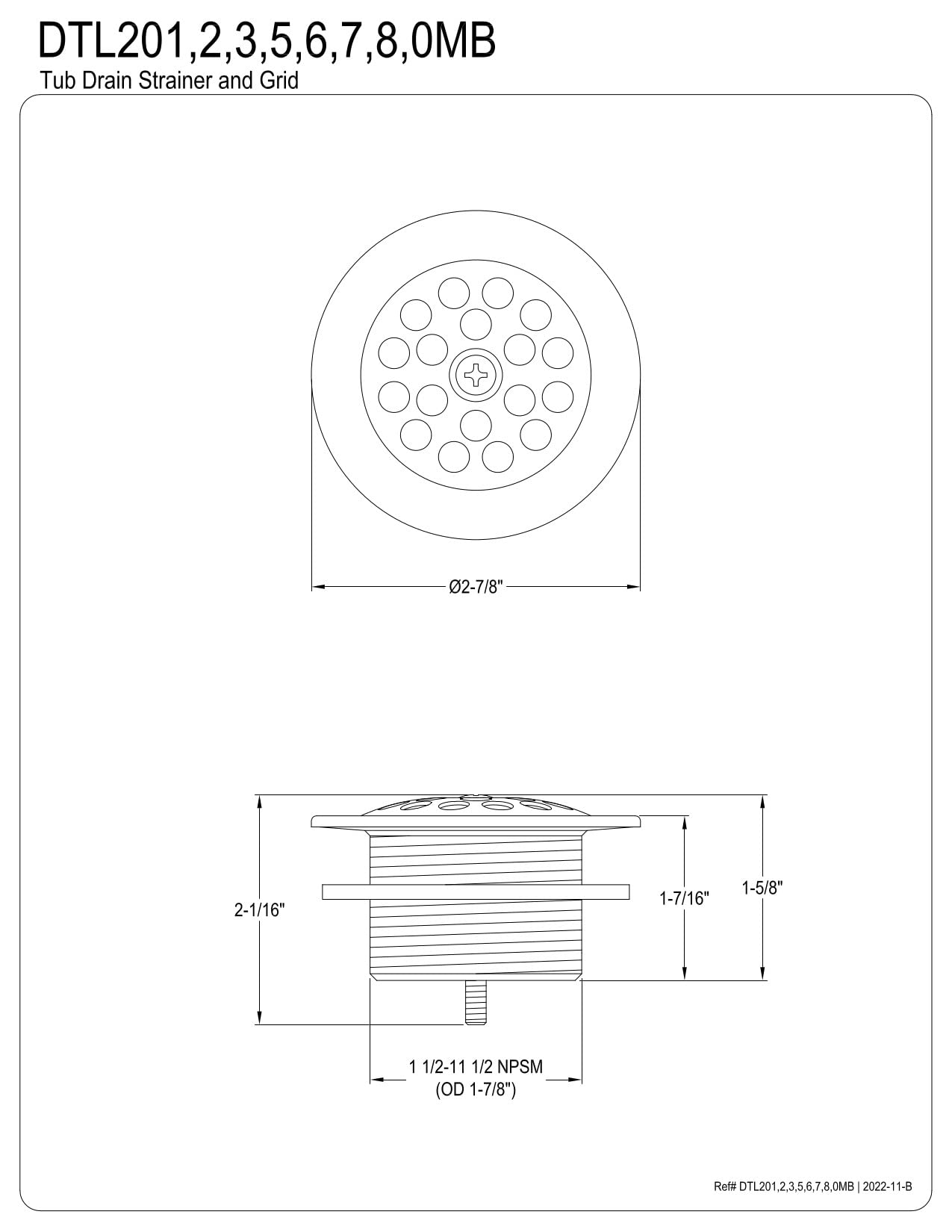 Kingston Brass DTL207 Brushed Brass Tub Drain Strainer and Grid - Durable Bathroom Sink Drain Cover for Shower, Bathtub, and Vanity