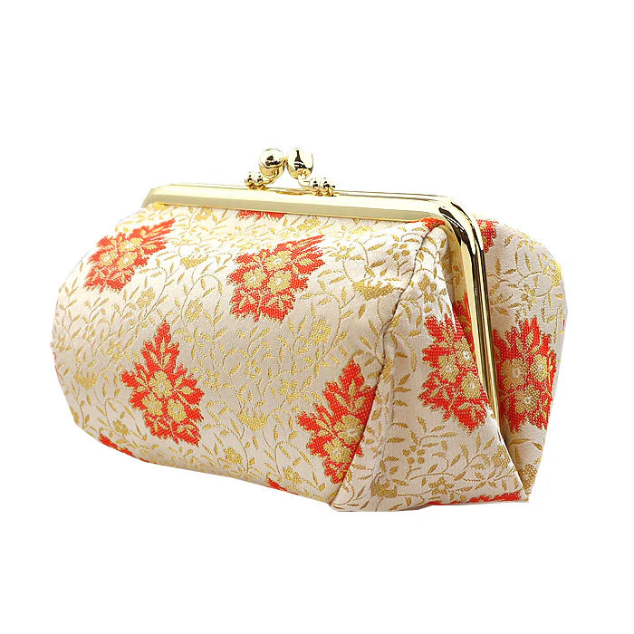 Japanese Nishijin Brocade Small Pouch - White Floral Arabesque Pattern | Handmade in Kyoto | Cosmetic Makeup Bag, Travel Toiletry Organizer, Stationery Pouch, Gamaguchi Purse | Perfect for Daily Essentials, Gift Giving & Japanese Style Fashion Accessories