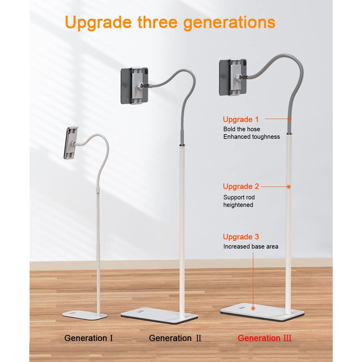 GENYS Universal Tablet Gooseneck Floor Stand - Adjustable Height Bed Tablet Holder with Sturdy Base for 4-12.8