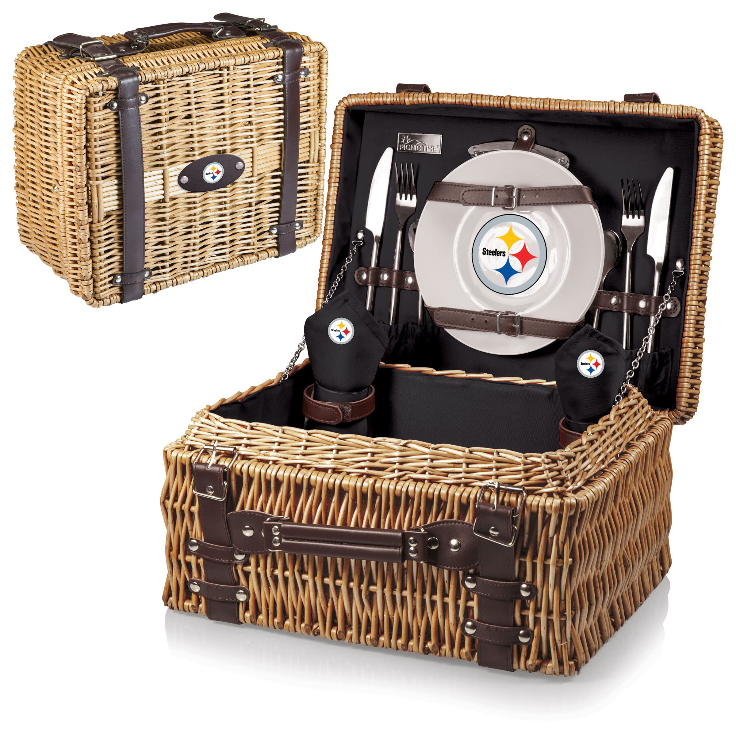 PICNIC TIME NFL Champion Picnic Basket for 2 - Woven Wicker Picnic Hamper with Complete 2-Person Set (Black/Brown) - Perfect for Outdoor Picnics, Tailgating & Game Day Gatherings