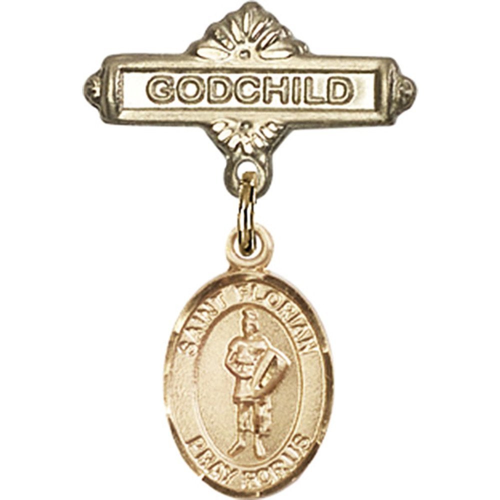 St. Florian Gold Filled Baby Badge Pin - 1 x 5/8 Inch Godchild Charm for Christening, Baptism & First Communion Gifts