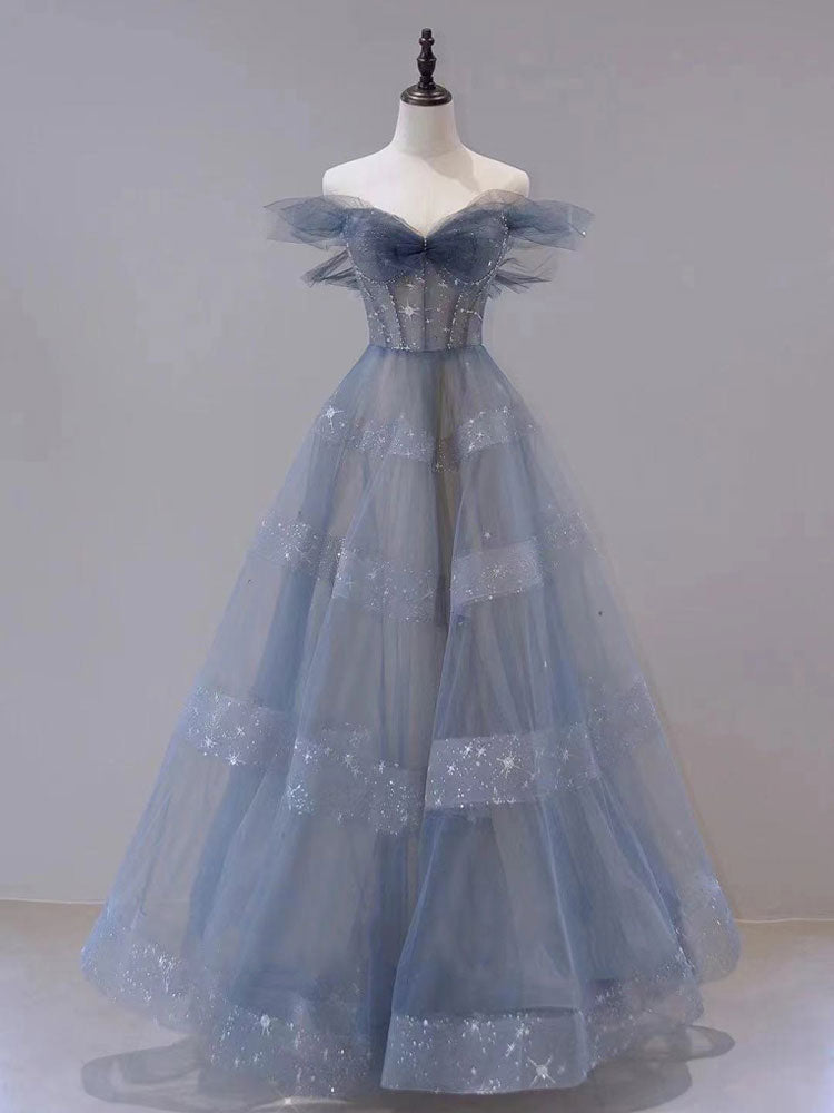 Elegant Blue Tulle Off-Shoulder Long Prom Dress | A-Line Evening Gown for Women | Perfect for Homecoming, Formal Dances & Special Occasions
