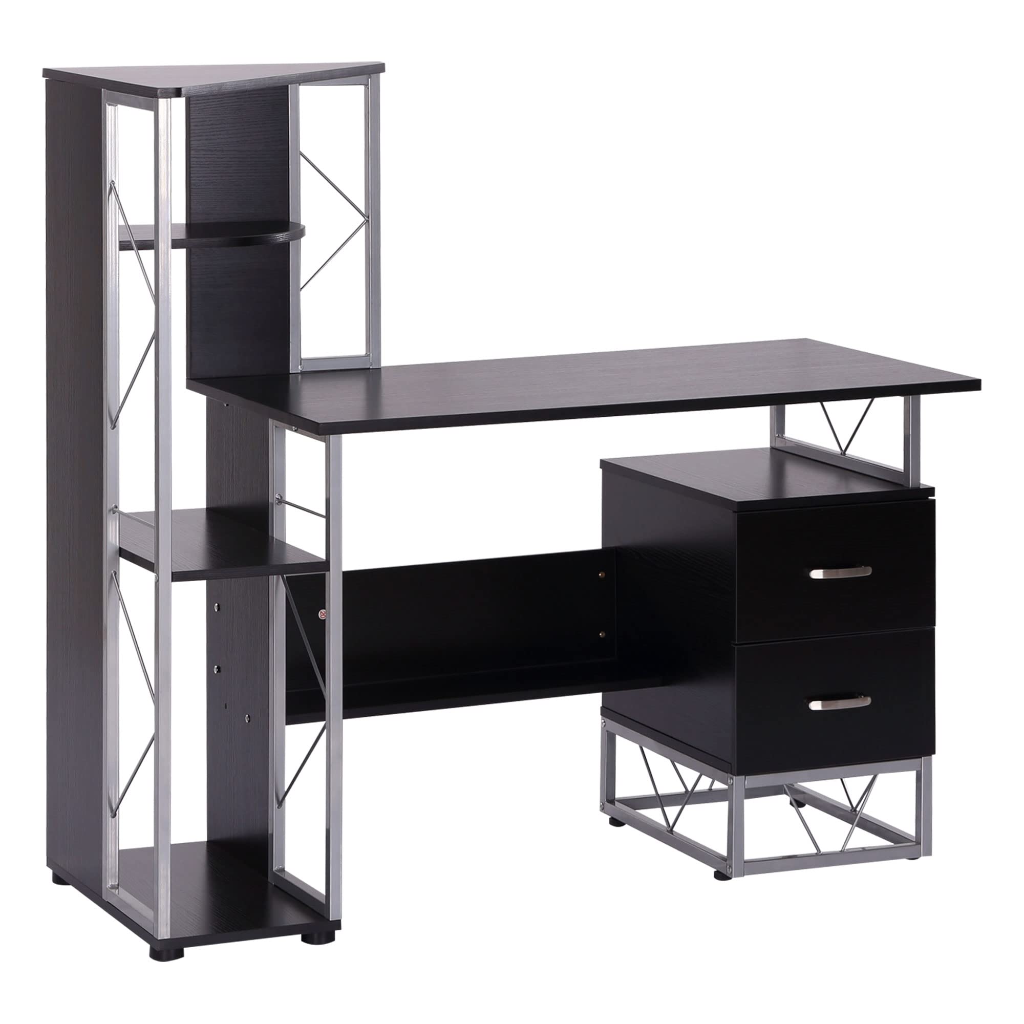 HOMCOM 52 Inch Modern Multi-Level Computer Desk with Storage Shelves, Drawers & CPU Stand - Black Home Office Desk for Study, Workstation & Gaming Setup