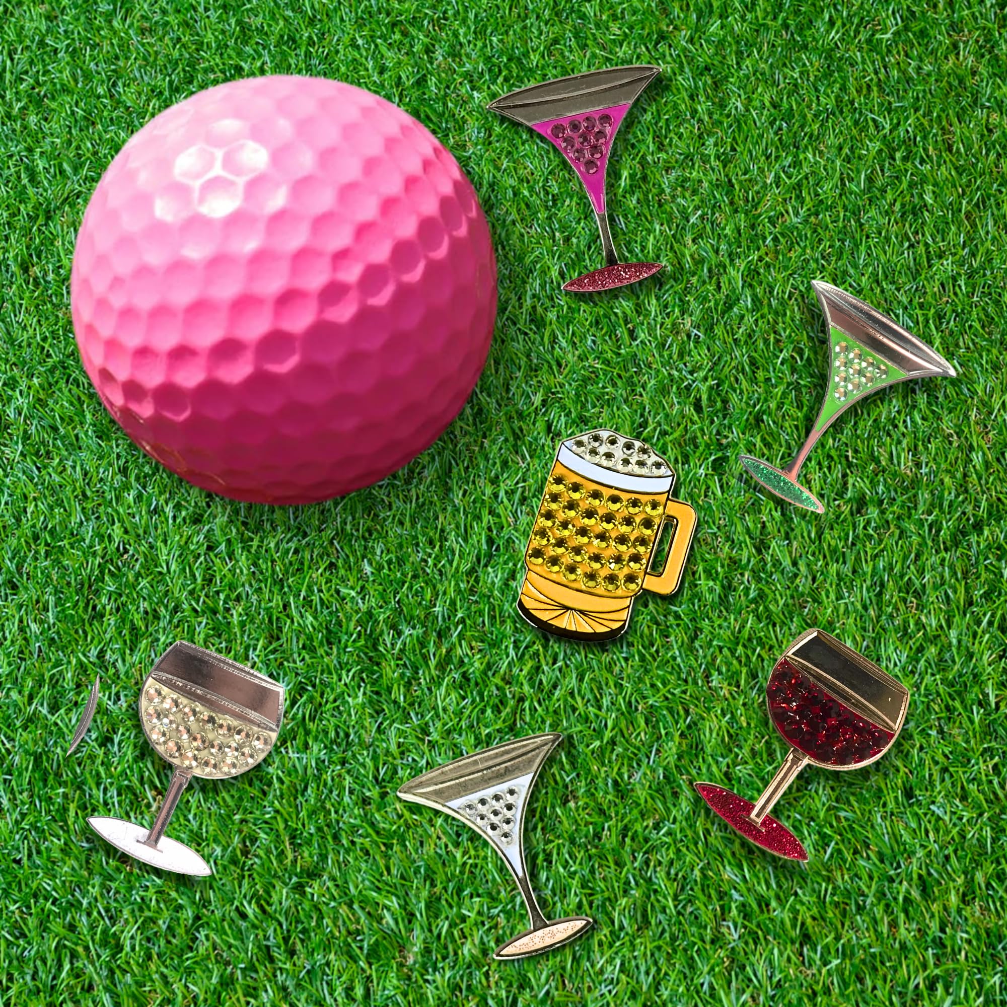 Premium Vibrant Crystal Golf Ball Marker with Magnetic Hat Clip (Pink Martini Glass) | Stylish Golf Accessories for Men & Women | Ideal for Golf Tournaments, Gifts & Giveaways | Luxury Golf Gadgets for Enhanced Performance on the Green