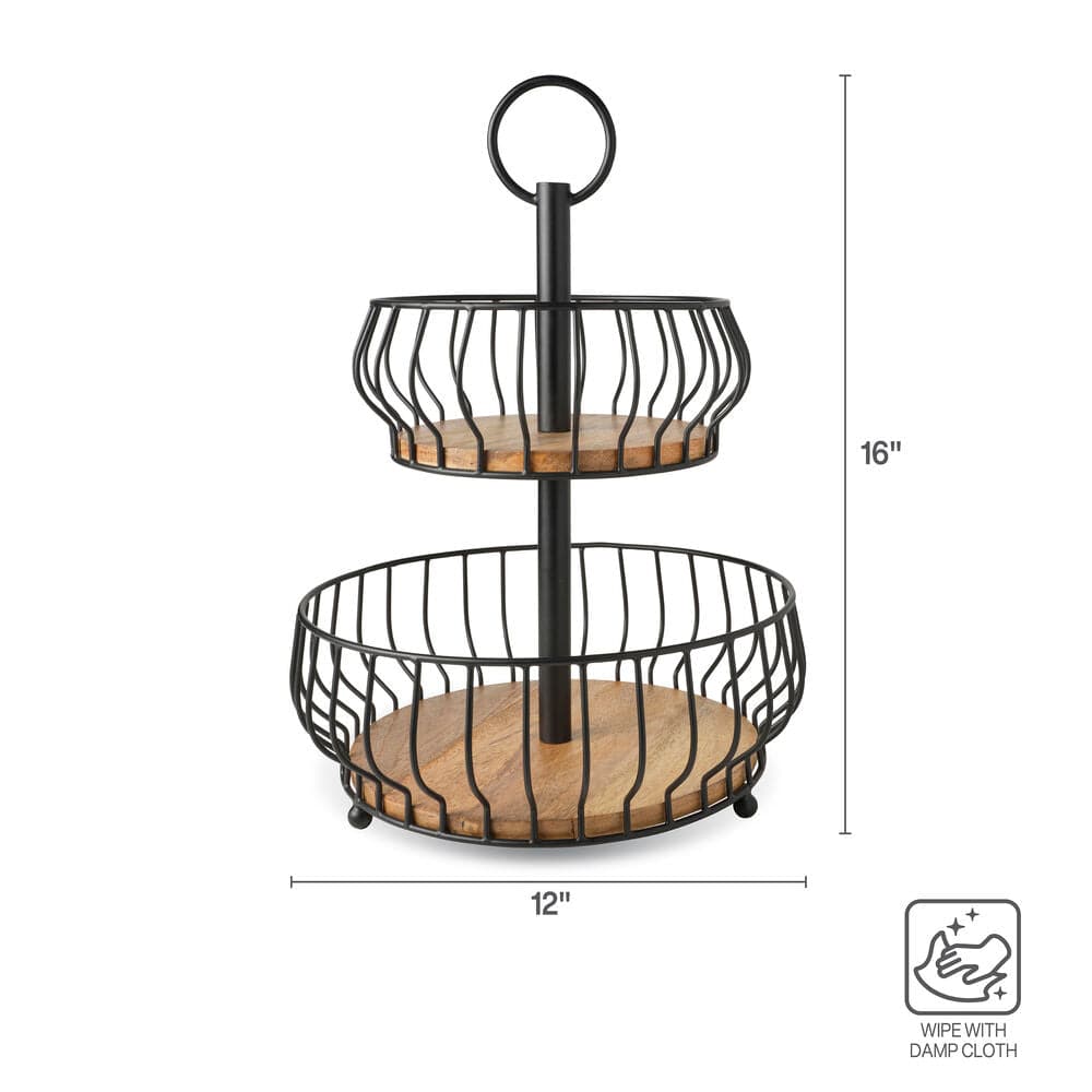 Savannah 2-Tier Wooden Fruit Basket - Organize Fresh Fruits & Vegetables in Kitchen, Pantry, or Dining Table Display