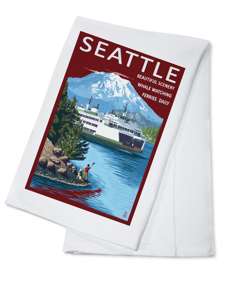 100% Cotton Tea Towel with Seattle, Washington, Ferry and Mount Rainier Scenic Print - Decorative Hand Towel for Kitchen, Home Decor, and Gift Giving - Perfect for Dish Drying, Wall Art, and Coastal Themed Spaces