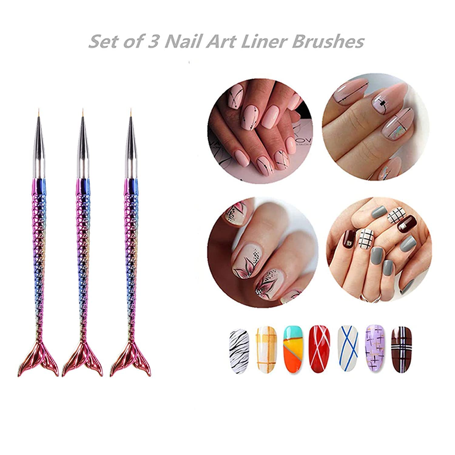 Gleevia 3pcs Fish Tail Nail Art Liner Brushes - Multicolor Plastic Heads & Handles for Fine Nail Art - Professional & DIY Nail Design - Perfect for Salon, Home Manicure & Nail Art Enthusiasts