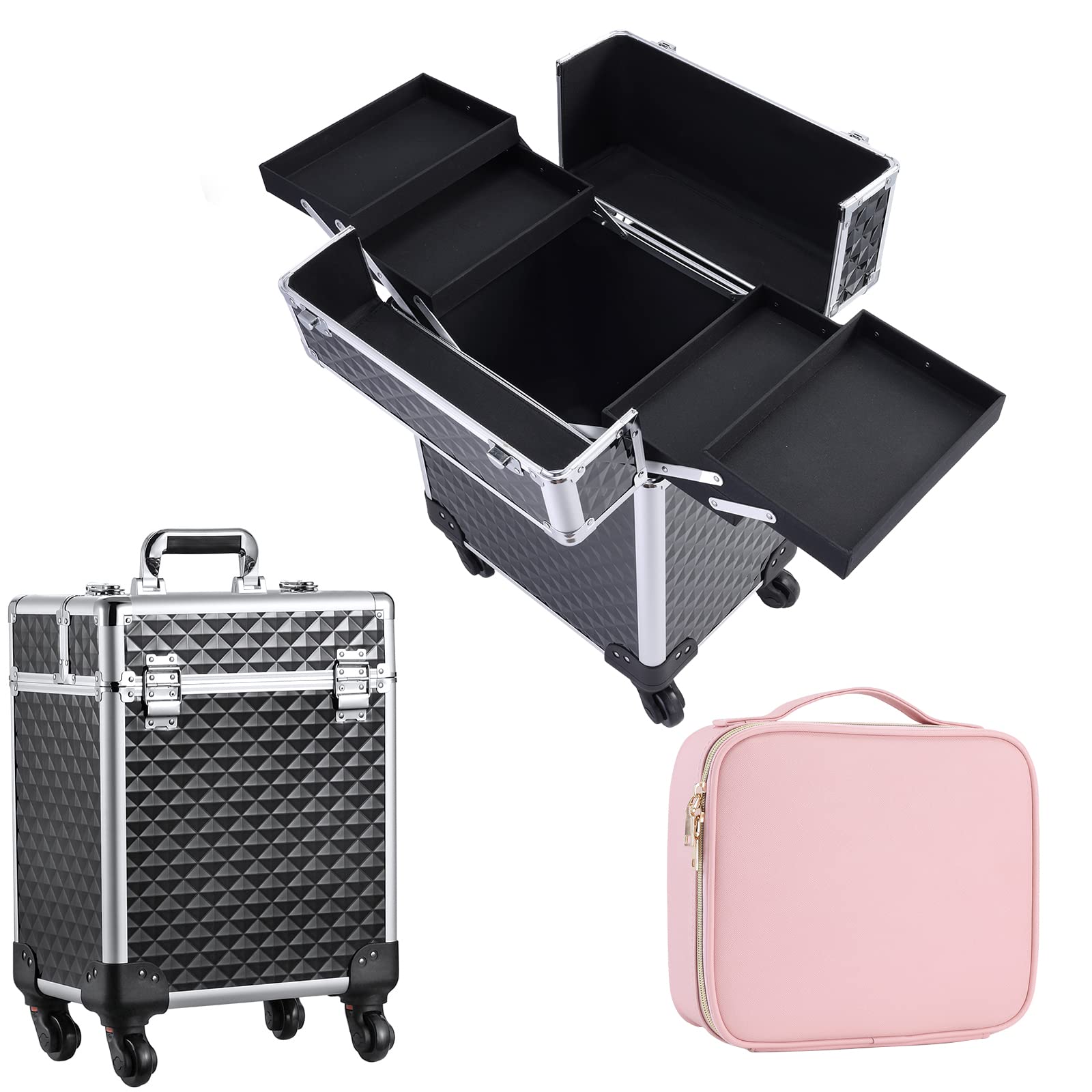 Professional Rolling Makeup Train Case with Large Cosmetic Trolley & Organizer - Aluminum Barber Case for Hairstylists, Makeup Artists & Nail Technicians - Perfect for Salon, Travel & Mobile Beauty Services - Black