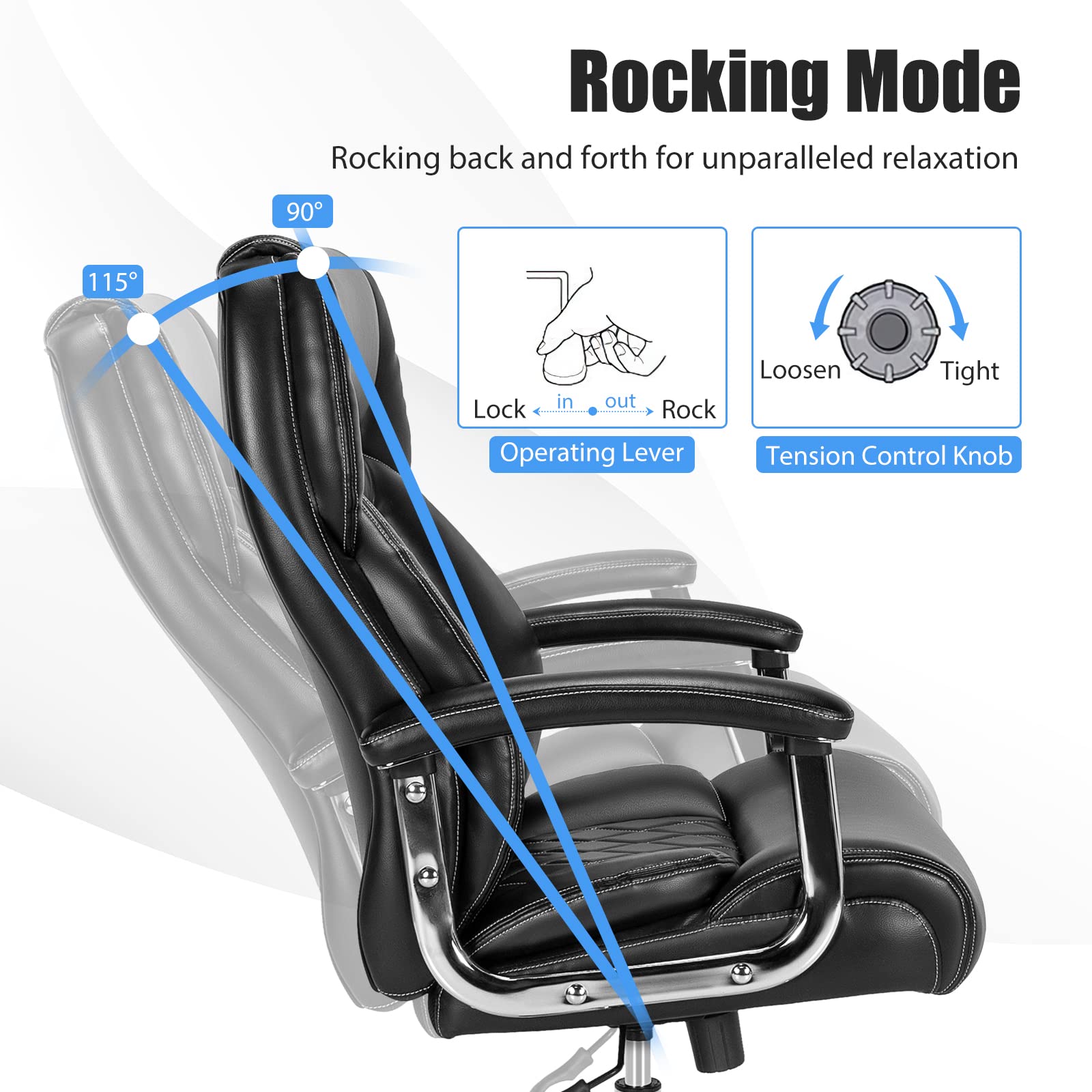 Giantex 500LBS Heavy Duty Big and Tall Office Chair - Wide Seat Executive Leather Chair with Adjustable Height, Swivel & Rocking Backrest - Ergonomic Computer Desk Chair for Large Adults - Perfect for Home Office, Gaming & Workspaces (Black)