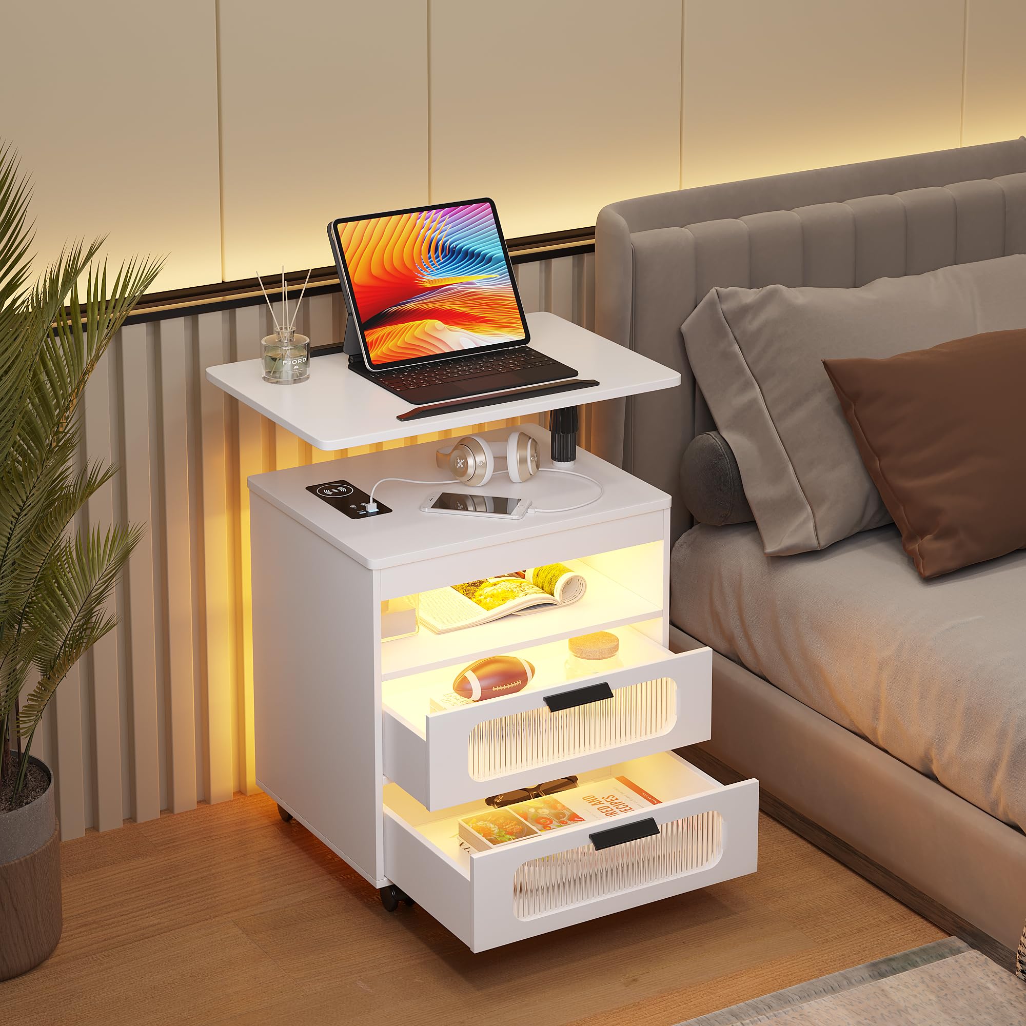 HNEBC Modern Nightstand with Wireless Charging Station & LED Sensor Light - Adjustable Rotary Workstation, 2 Storage Drawers, Bedside Table for Bedroom - Perfect for Smart Home, Apartment, Dorm Room (White)