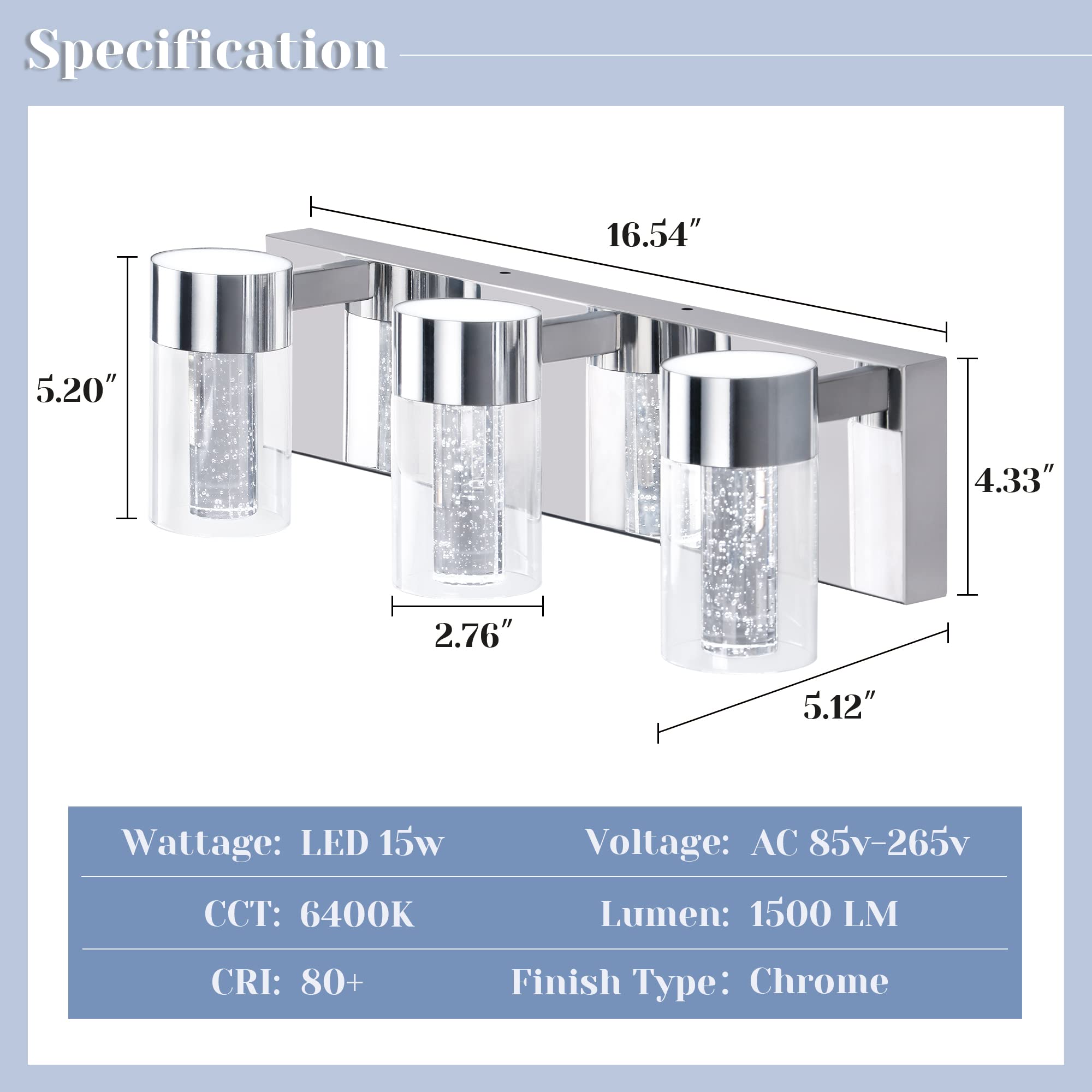 Modern Chrome LED Bathroom Vanity Light Fixture - 3 Light Crystal Bubble Glass Cylinder Design for Bathroom Mirror (6400K) | Perfect for Bathroom, Powder Room & Dressing Room Lighting