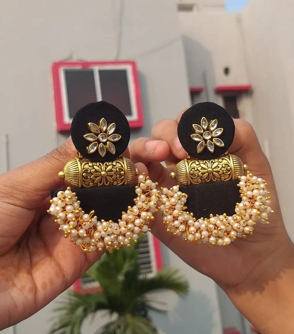 Handmade Fabric Earrings for Women - Black Boho Chic Dangle Earrings | Pack of 1 Pair | Perfect for Parties, Weddings & Everyday Wear
