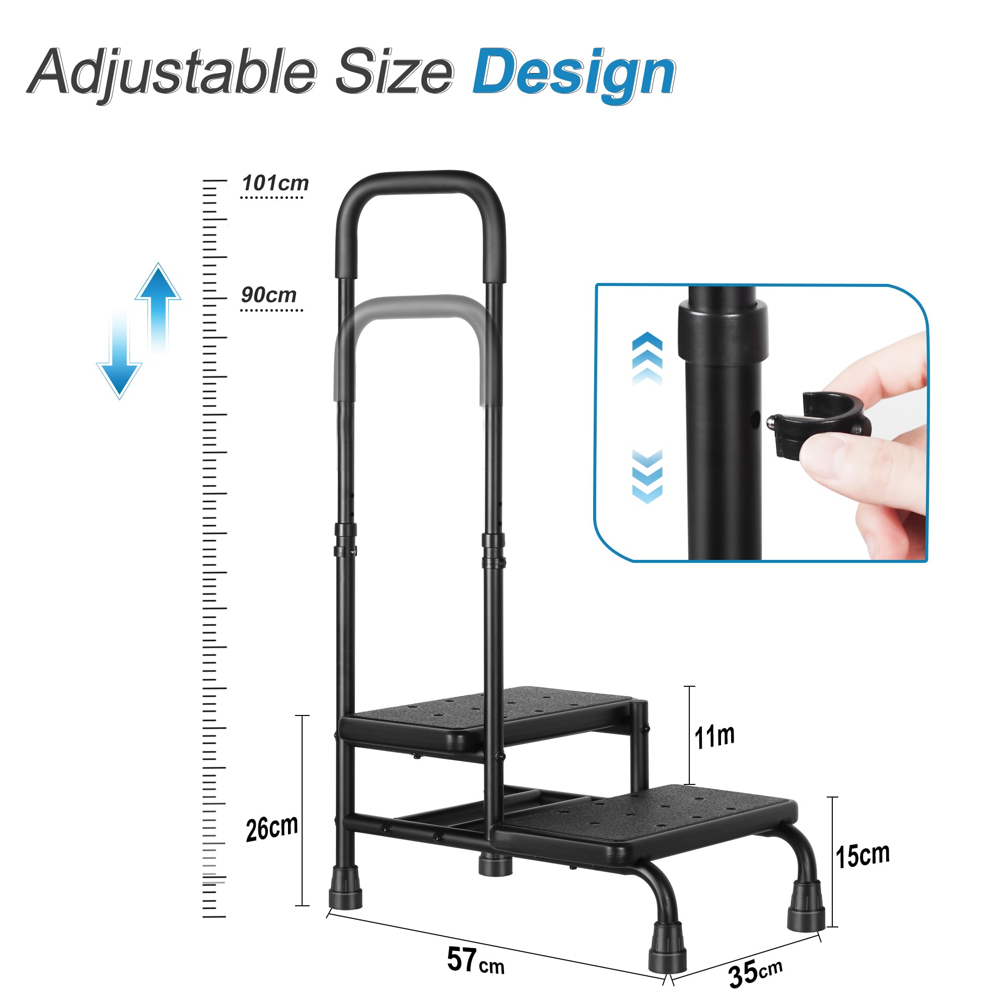 REAQER 2-Step Stool with Handle for Adults & Seniors - Non-Slip Medical Foot Stool with Handrail, Supports 350 lbs - Perfect for Bathroom, Kitchen, and Mobility Assistance (Black)