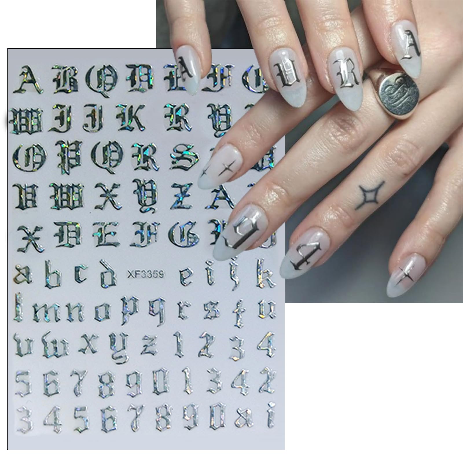 Holographic 3D Self-Adhesive Old English Alphabet Nail Art Decals - 8 Sheets with 8 Colors for Women & Girls DIY Manicure | Perfect for Parties, Weddings, and Special Occasions