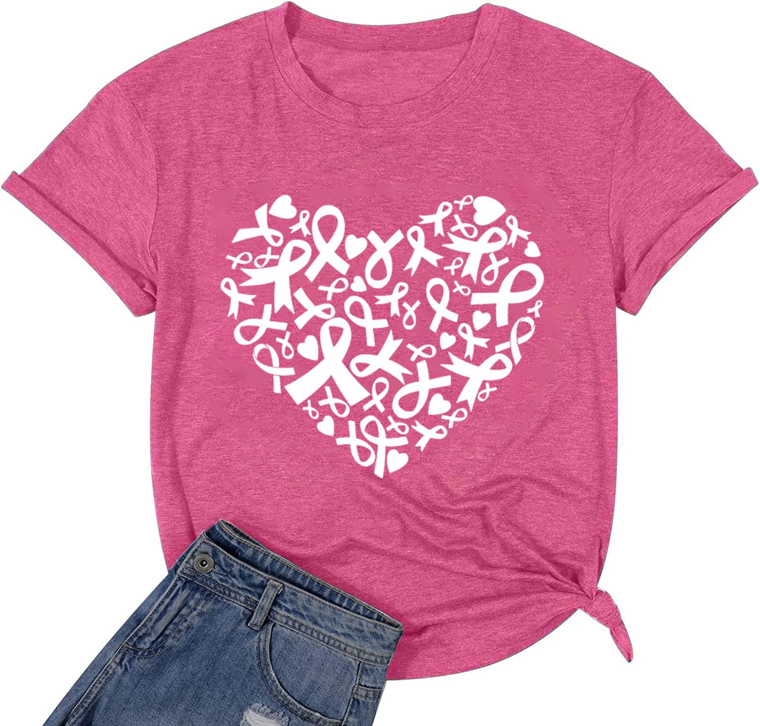 Women's Breast Cancer Awareness T-Shirt - Cute Love Heart Ribbon Graphic Print Tee - Inspirational Short Sleeve Top for Survivors & Supporters - Perfect for Charity Walks, Fundraisers & Awareness Events