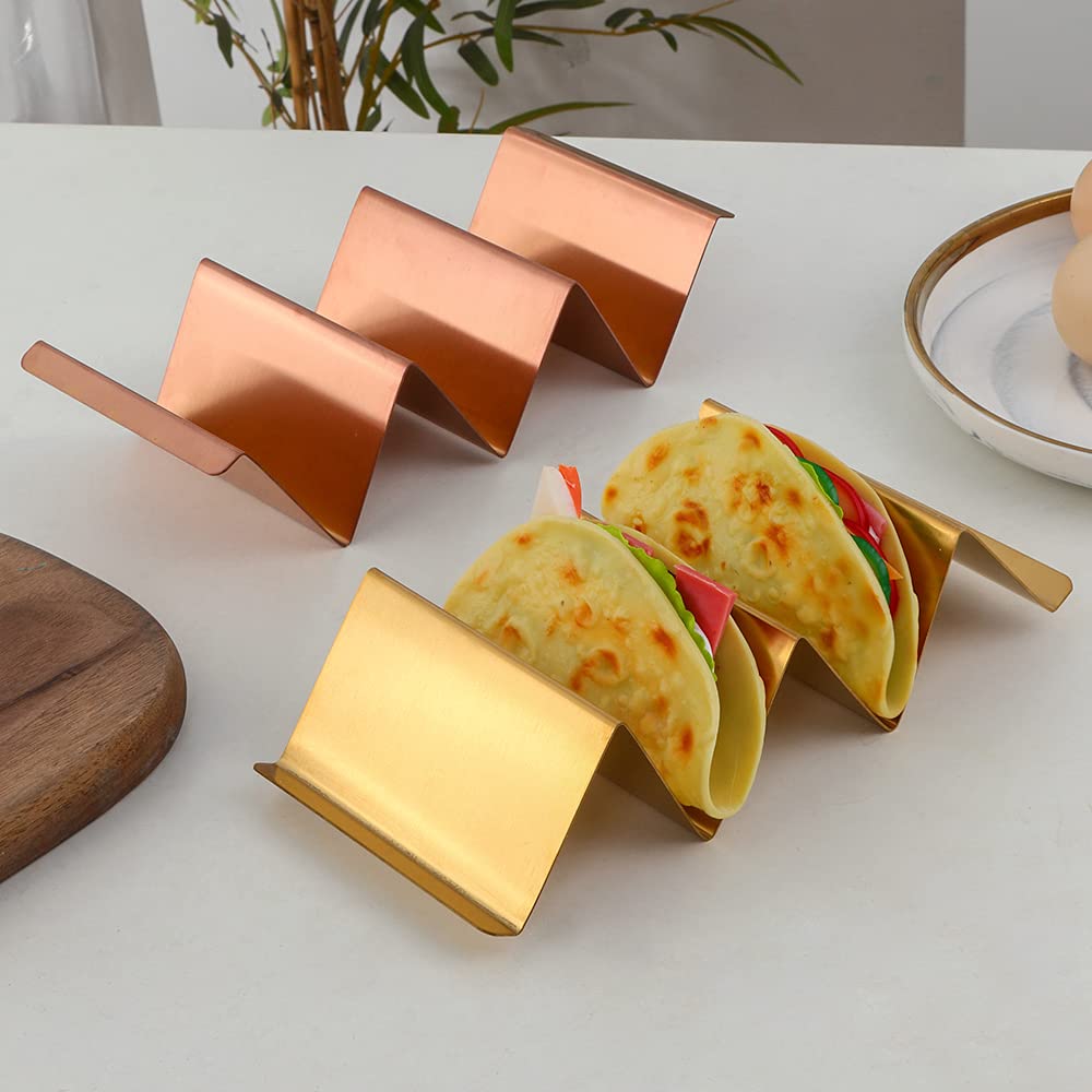 Stainless Steel Taco Holder Stand Set of 4 with Food Tong - Oven, Dishwasher & Grill Safe Taco Rack Tray for Baking - Gold | Perfect for Taco Tuesday Parties, Backyard BBQs & Mexican Dinner Nights
