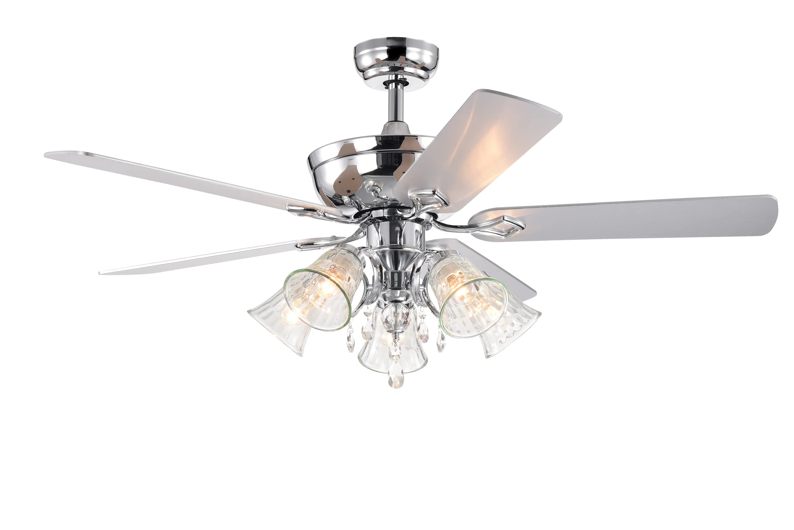 52 Inch Modern Crystal Chandelier Ceiling Fan with Lights & Remote Control - 5 Reversible Blades, 3 Speed Settings, Silver Chrome Finish - Perfect for Living Room, Bedroom, Dining Room & Indoor Spaces