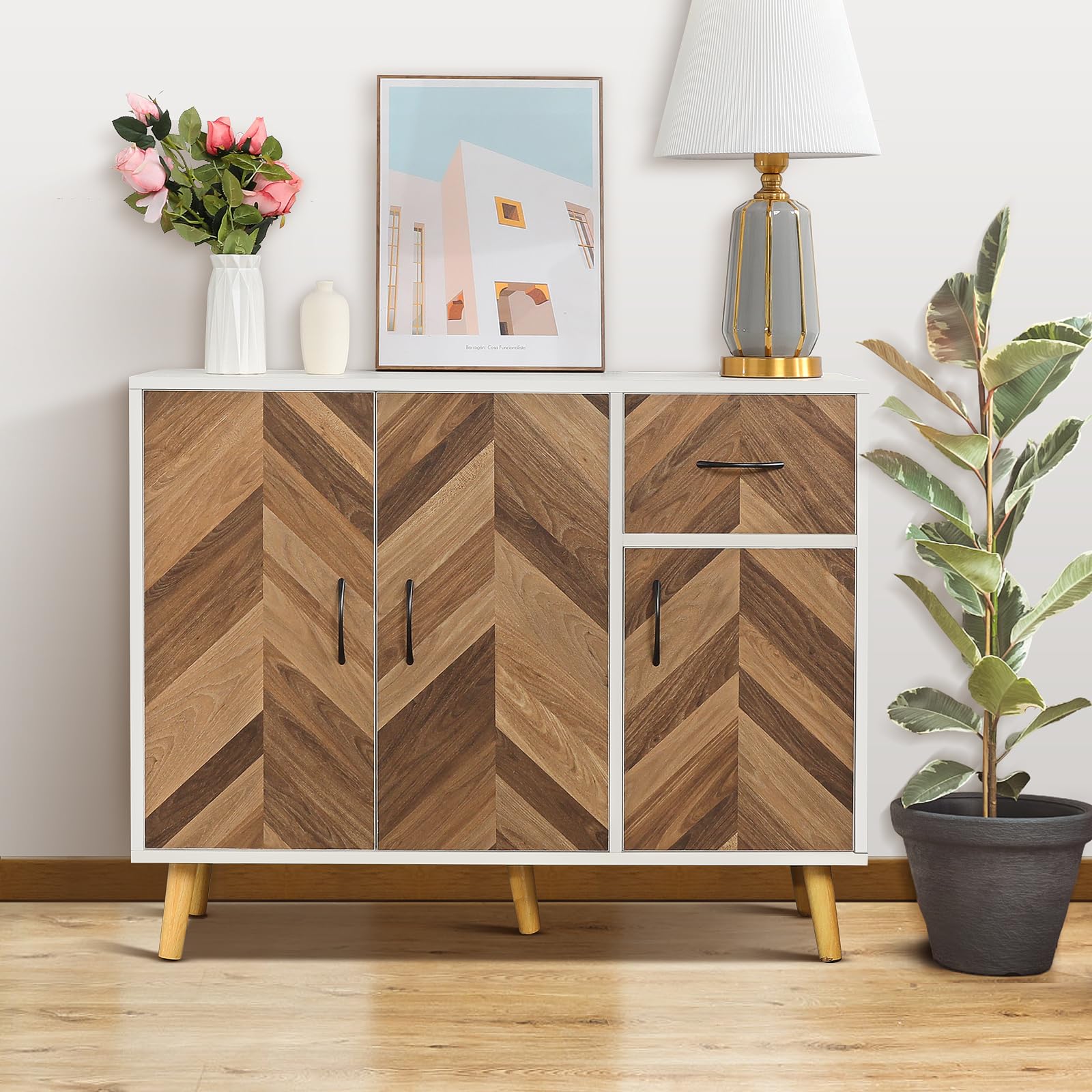 Mid-Century Modern Sideboard Buffet Cabinet with Storage - Slim Console Table with Drawers for Kitchen, Living Room, Hallway & Entryway - White Brown Rustic Finish - Perfect for Dining Room Storage & Home Decor