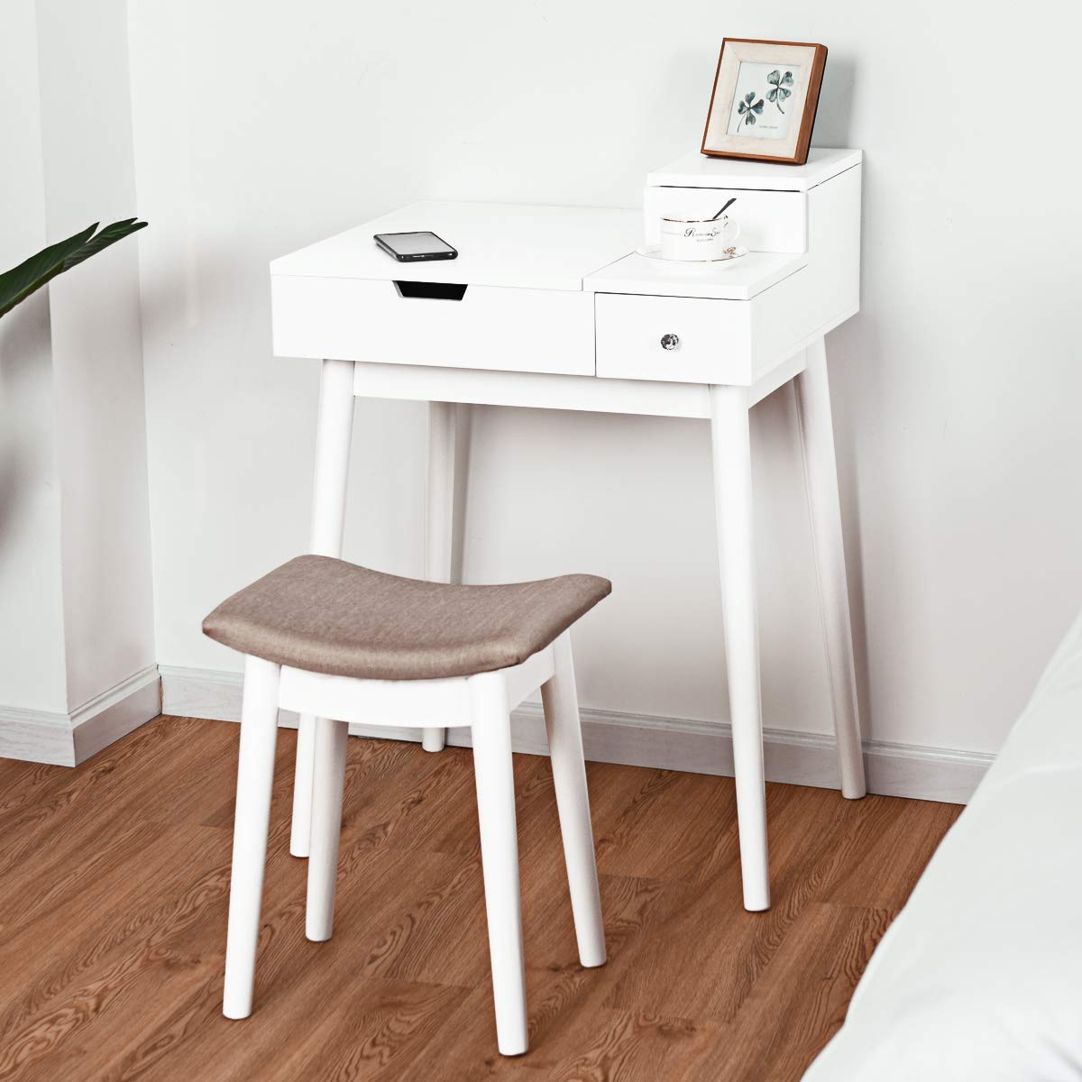 AUGESTER Vanity Dressing Set with Flip Top Mirror & Cushioned Stool - White Folding Makeup Desk with Large Storage for Bedroom, Bathroom | Perfect Vanity Table for Women & Girls | Ideal for Makeup, Dressing & Home Office Use (HW65961)