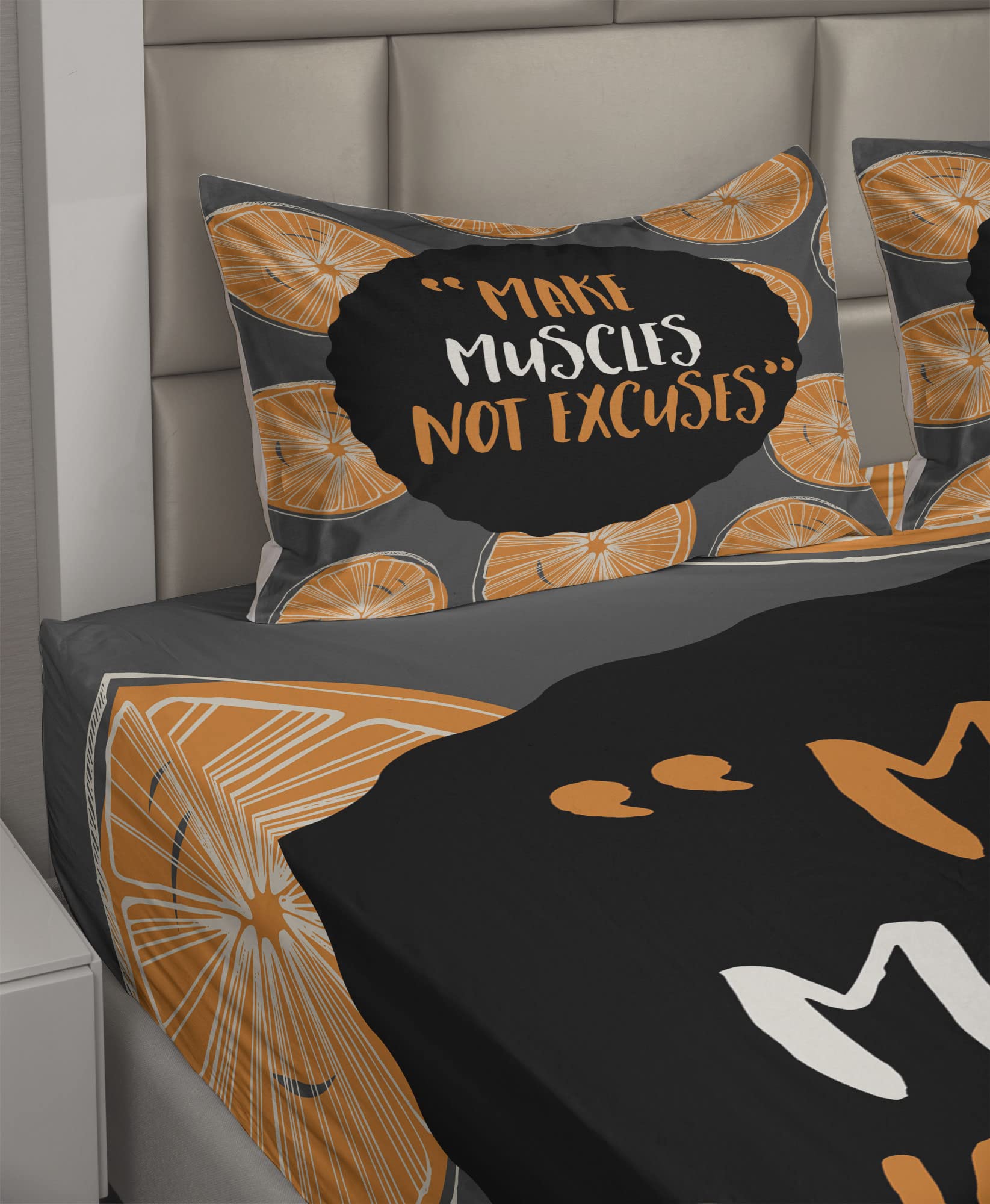Ambesonne Fitness Sheet Set 4-Piece King Size - Modern 'Make Muscles Not Excuses' Design, Charcoal Grey & Orange Bedding - Perfect for Gym Enthusiasts & Home Workout Spaces