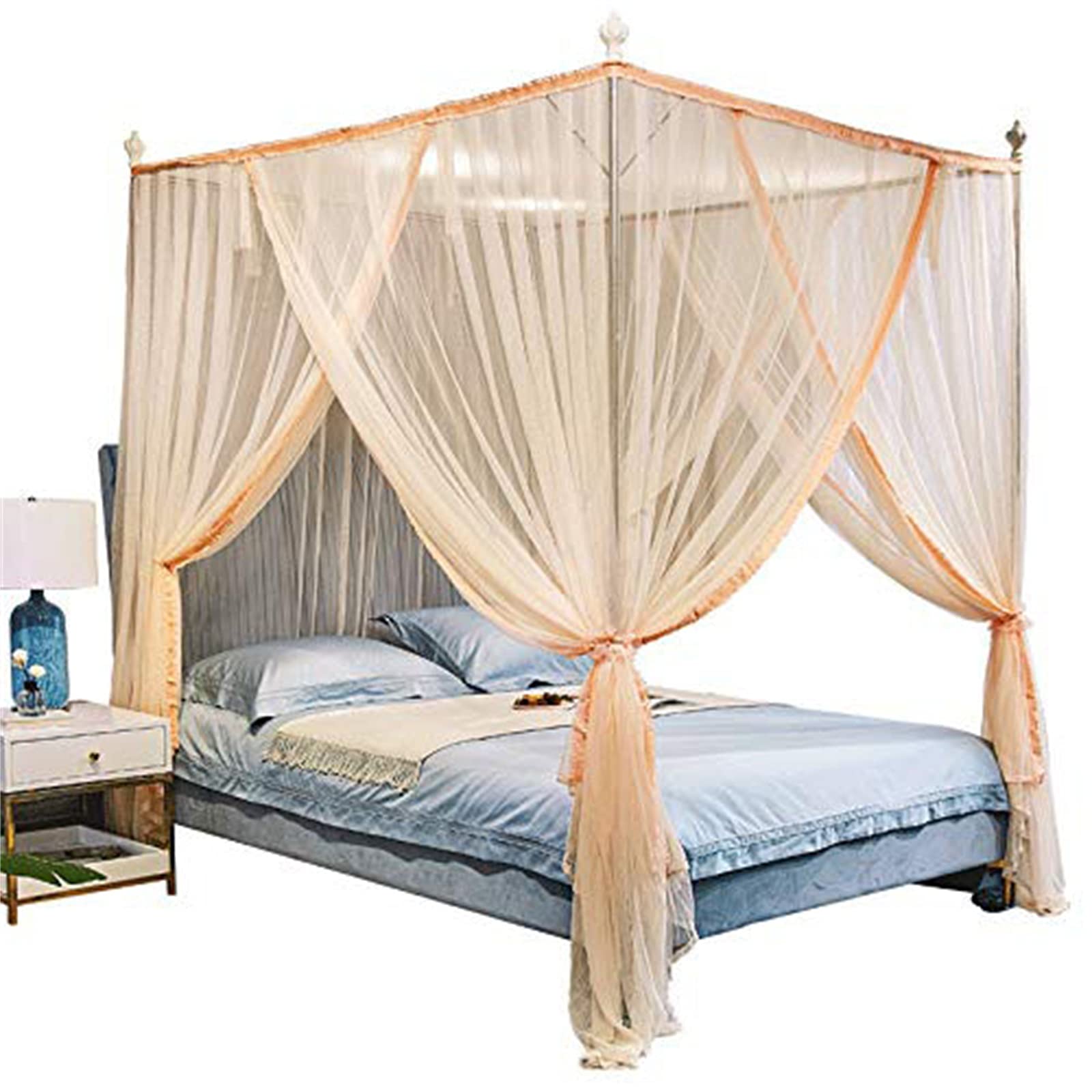 Elegant Mosquito Net Bed Canopy for Double Bed - 4 Corner Posts with Hook & Rope Set | Screen Netting Canopy Curtains for Bedroom, Nursery, or Outdoor Camping Protection