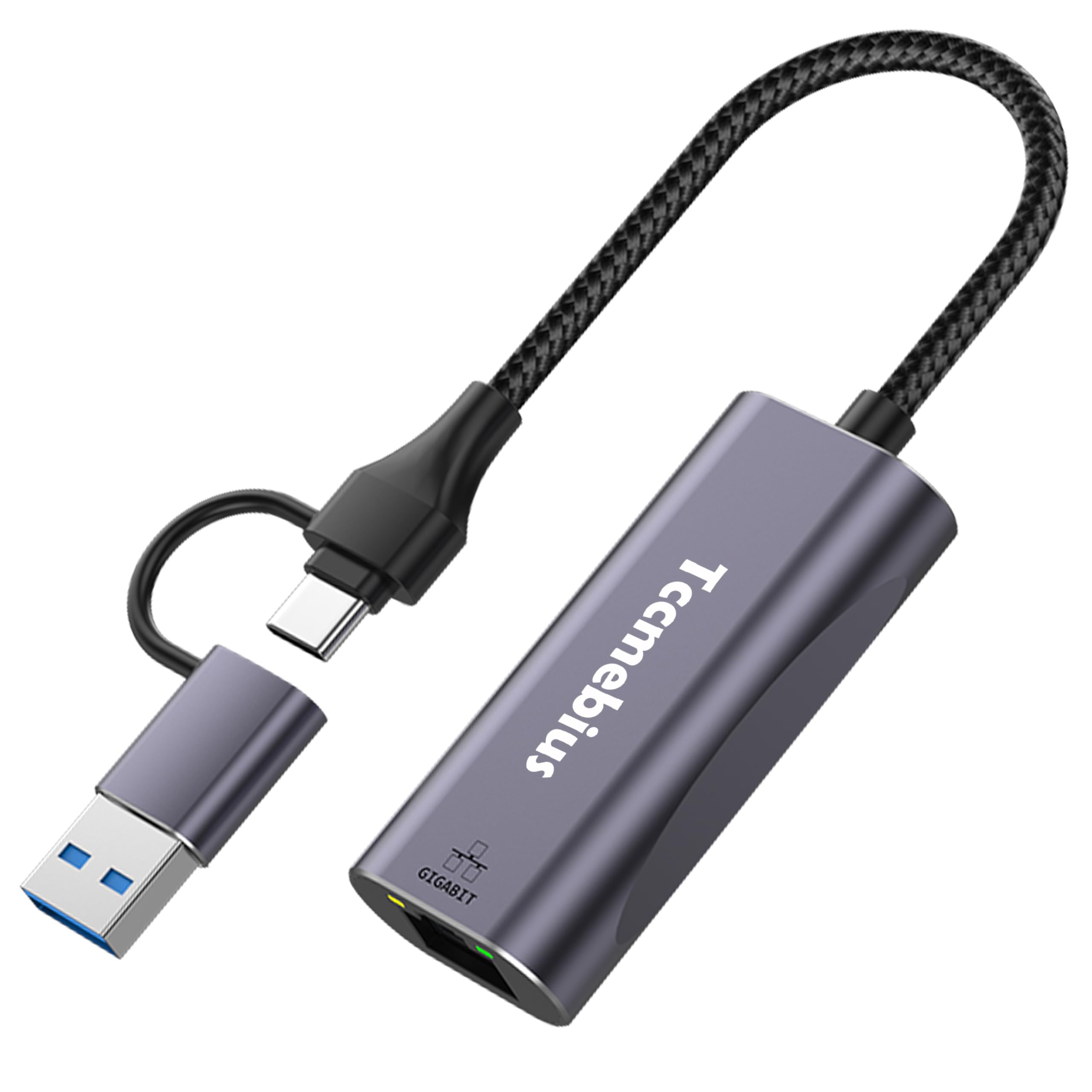 Tccmebius USB Ethernet Adapter, 2-in-1 USB C & USB 3.0 to RJ45 Gigabit LAN Network Adapter 1000Mbps - Compatible with MacBook Pro/Air, iPad Pro, iPhone 15/15 Pro, Surface Pro, Laptops & PCs (TCC-S30B) - Ideal for Home Office, Gaming & High-Speed Internet Connections
