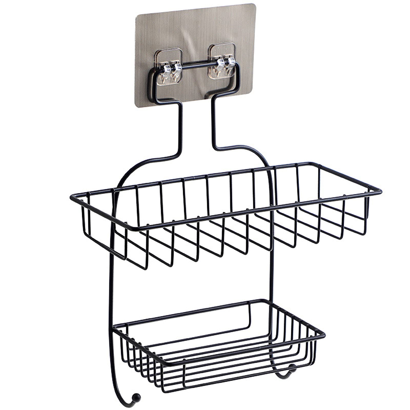 2-Tier Rustproof Shower Caddy with Soap Dish & 2 Hooks - No Drill Wall Mount Bathroom Organizer for Shower, Kitchen, or Bath - Space Saving Storage Shelf (Black) - Perfect for Small Bathrooms, Apartments & Dorm Rooms
