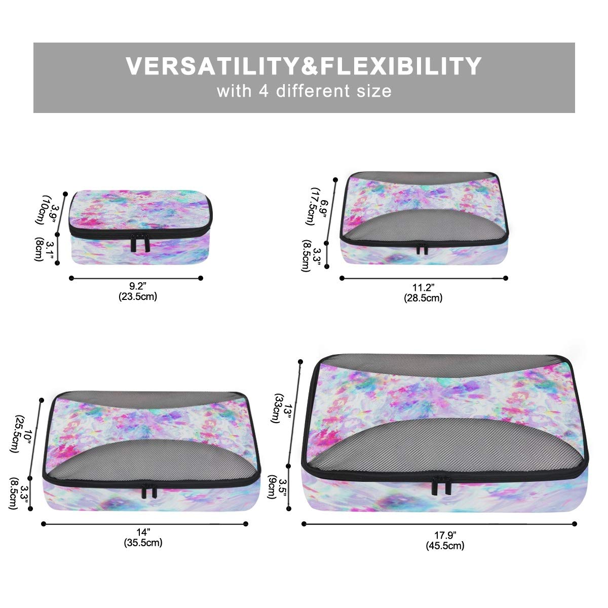 Abstract Tie Dye Rainbow Print Packing Cubes Set (4 PCS) - Compression Travel Organizer Bags for Suitcases & Luggage - Perfect for Vacation, Business Trips & Weekend Getaways