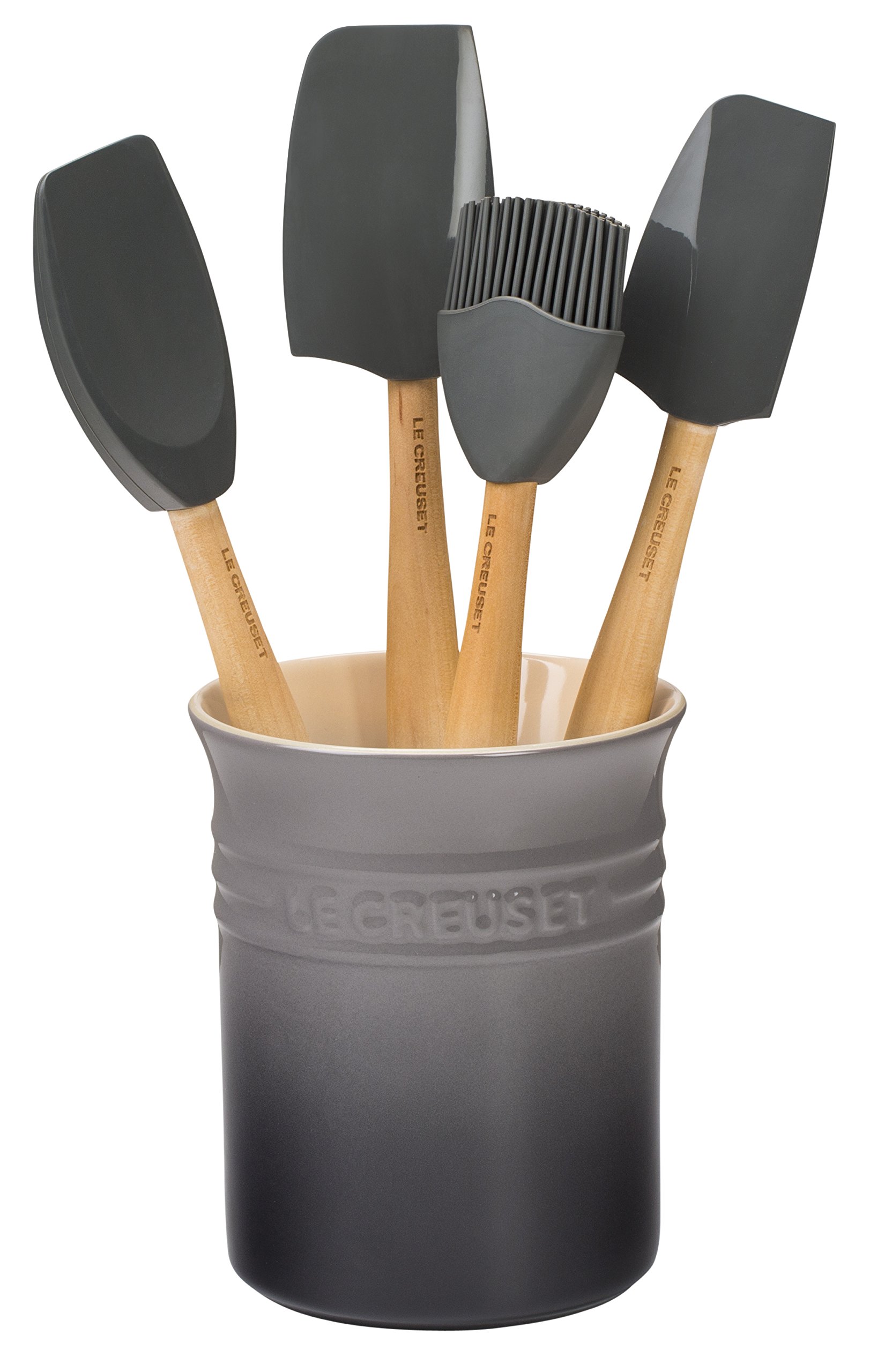 Le Creuset Silicone Craft Series 5-Piece Utensil Set with Stoneware Crock in Oyster - Perfect for Cooking, Baking & Kitchen Organization